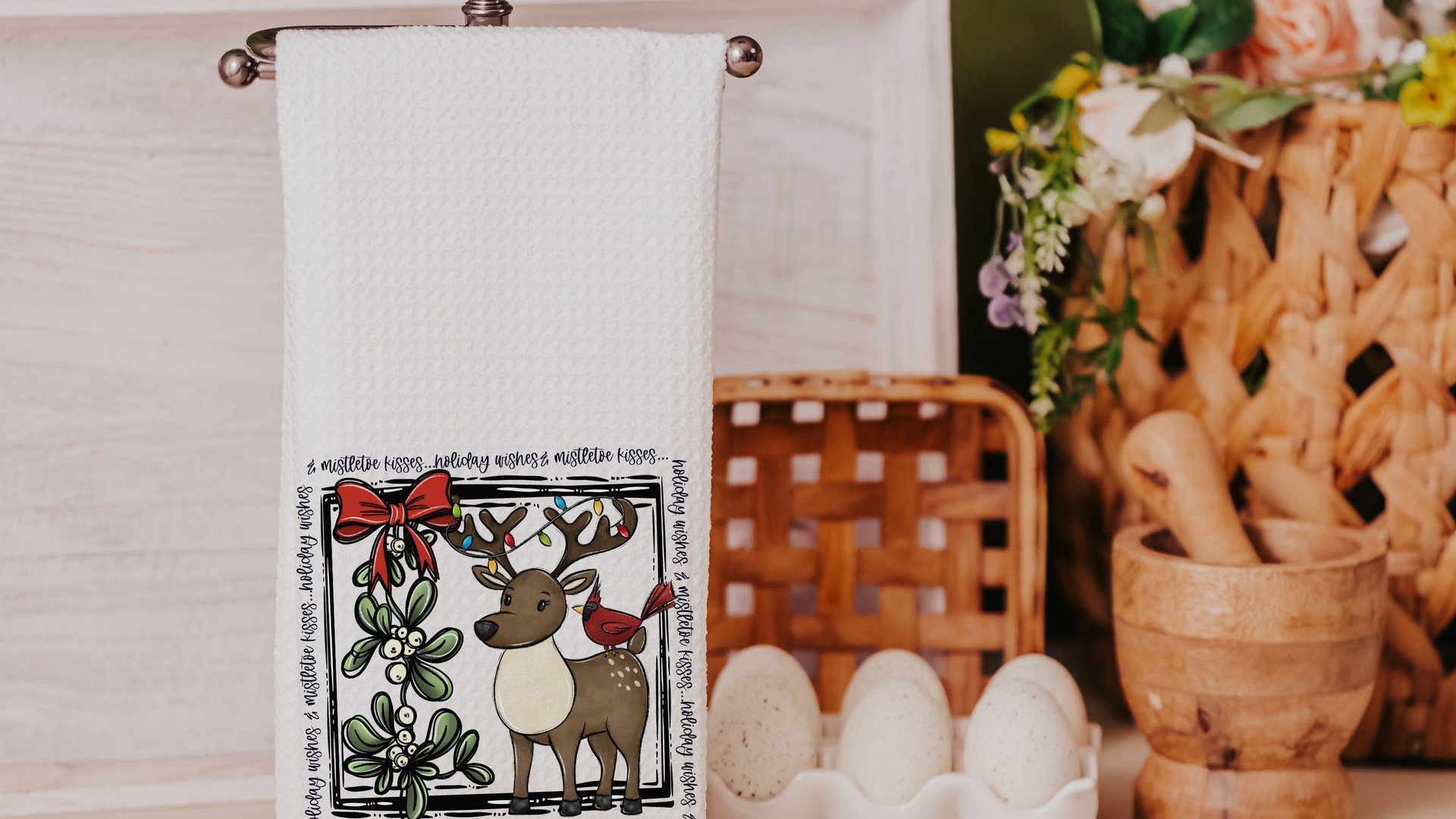 holiday wishes cute reindeer throw pillow for couch, mistletoe kisses Christmas kitchen towels, woodland Christmas hostess gifts for women