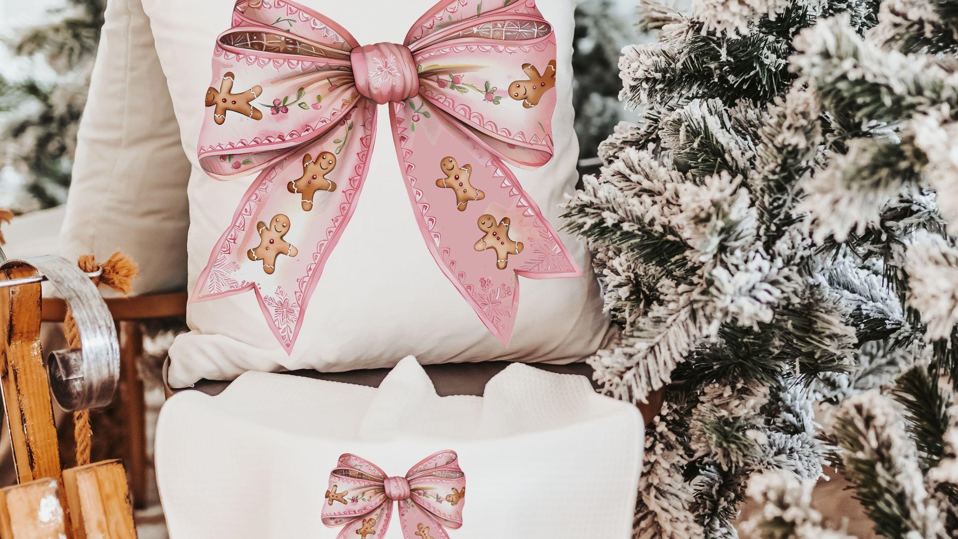 pink gingerbread throw pillow for couch, coquette Christmas kitchen towels for friends, grand millennial Christmas decor for home, cute