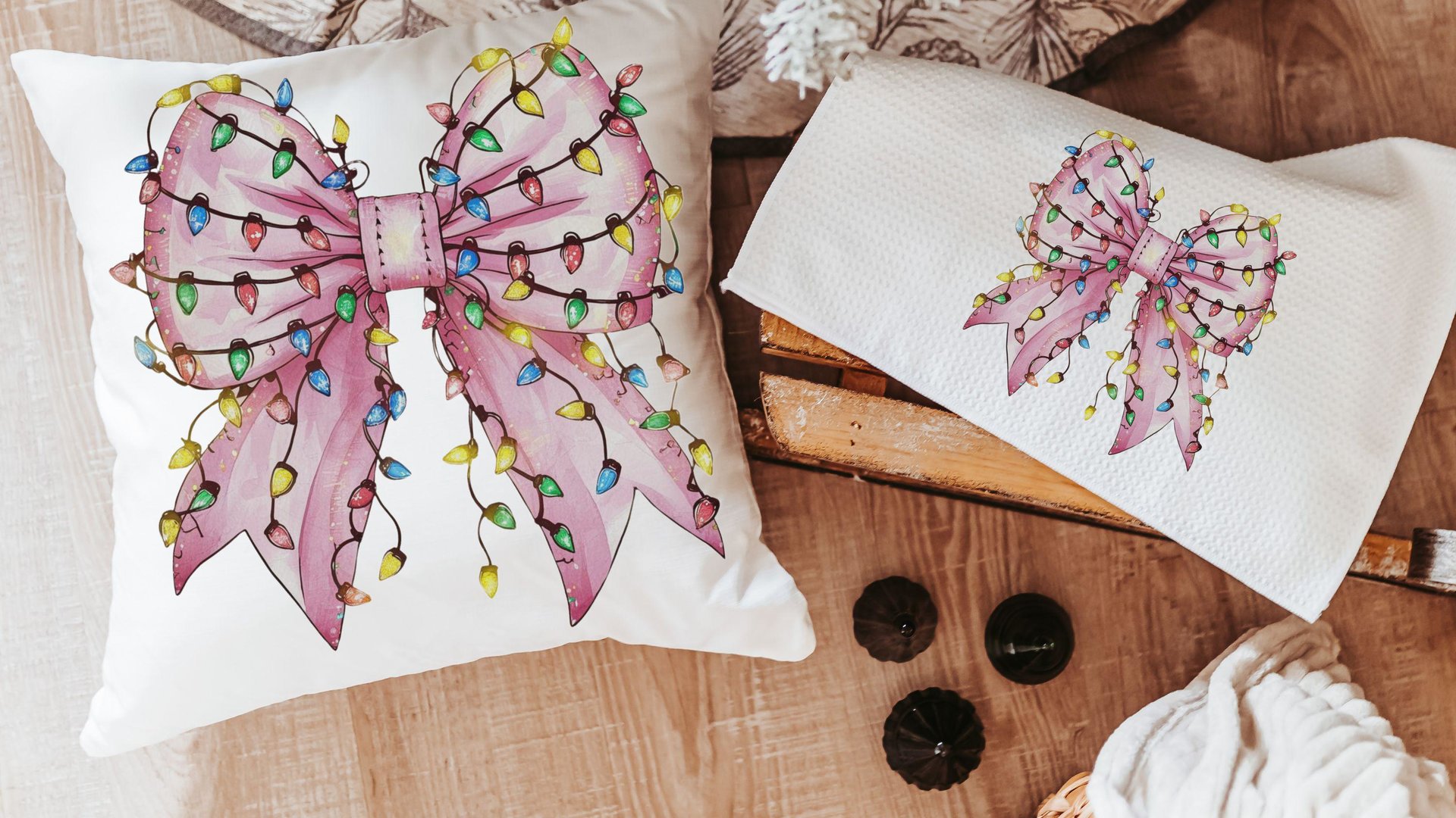 bow Christmas lights cute Christmas throw pillows for couch, coquette Christmas kitchen towels for friends, pink Christmas decor for home