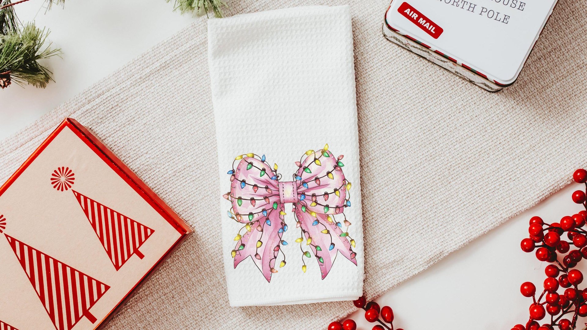 bow Christmas lights cute Christmas throw pillows for couch, coquette Christmas kitchen towels for friends, pink Christmas decor for home