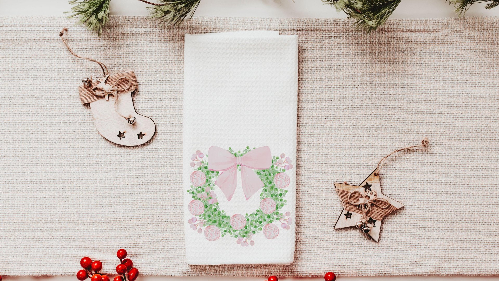 pink chinoiserie Christmas throw pillows for couch, watercolor wreath Christmas kitchen towels for new home, trending Christmas gifts for