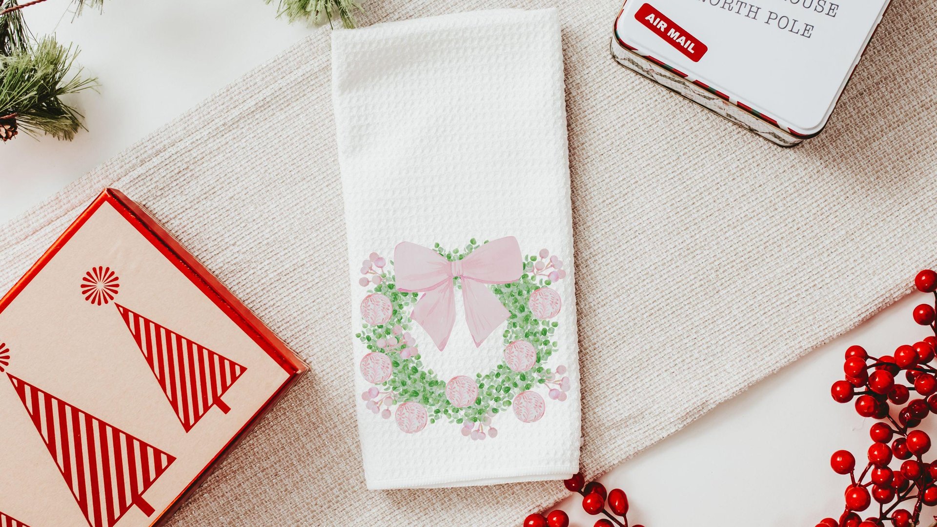 pink chinoiserie Christmas throw pillows for couch, watercolor wreath Christmas kitchen towels for new home, trending Christmas gifts for