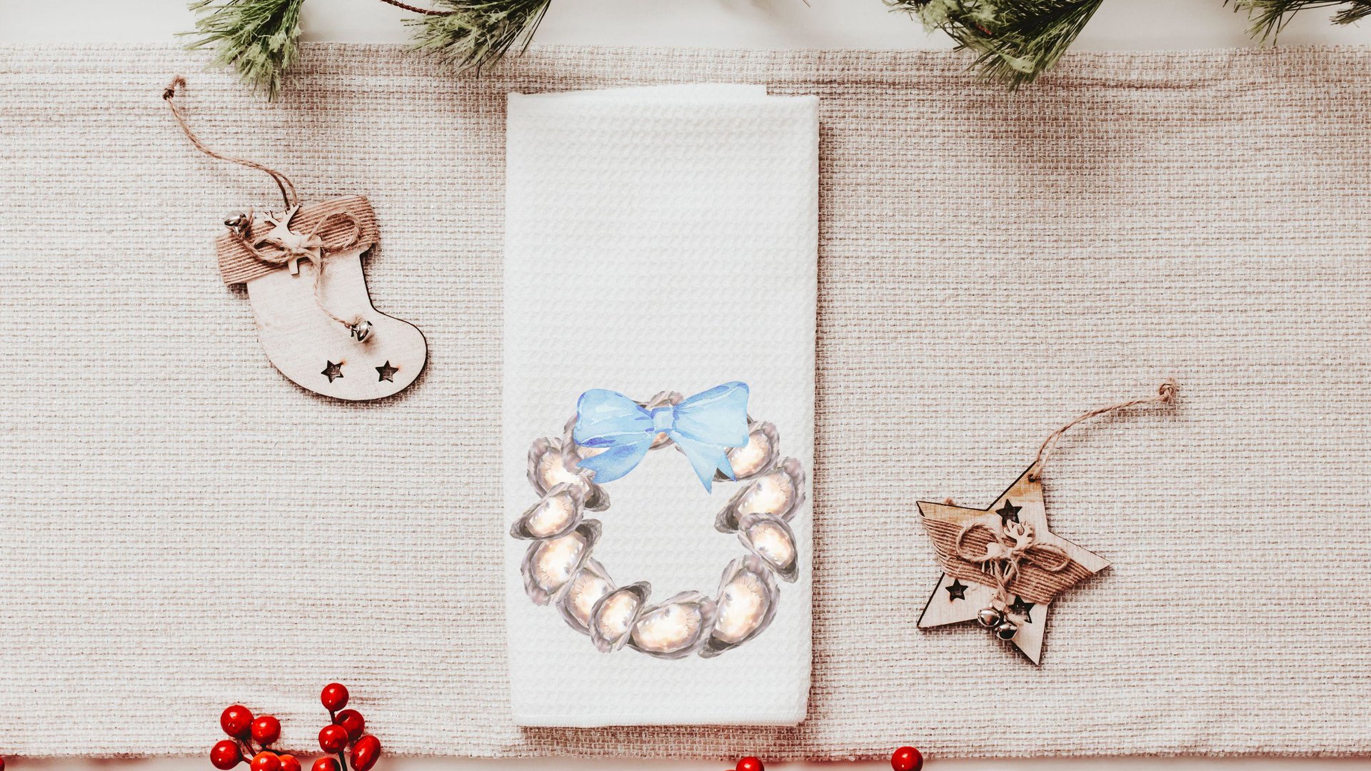 beach coquette hand towels for bathroom, oyster shell decor, Cape Cod hostess gifts for women, coastal cottage kitchen towels for mom, best