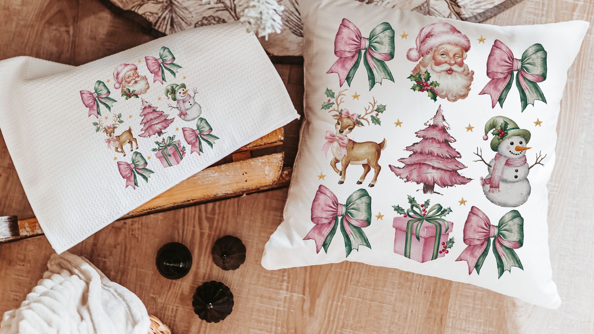 coquette Christmas throw pillows for couch, preppy Christmas kitchen towels for new home, pink reindeer decor, secret Santa gifts for women