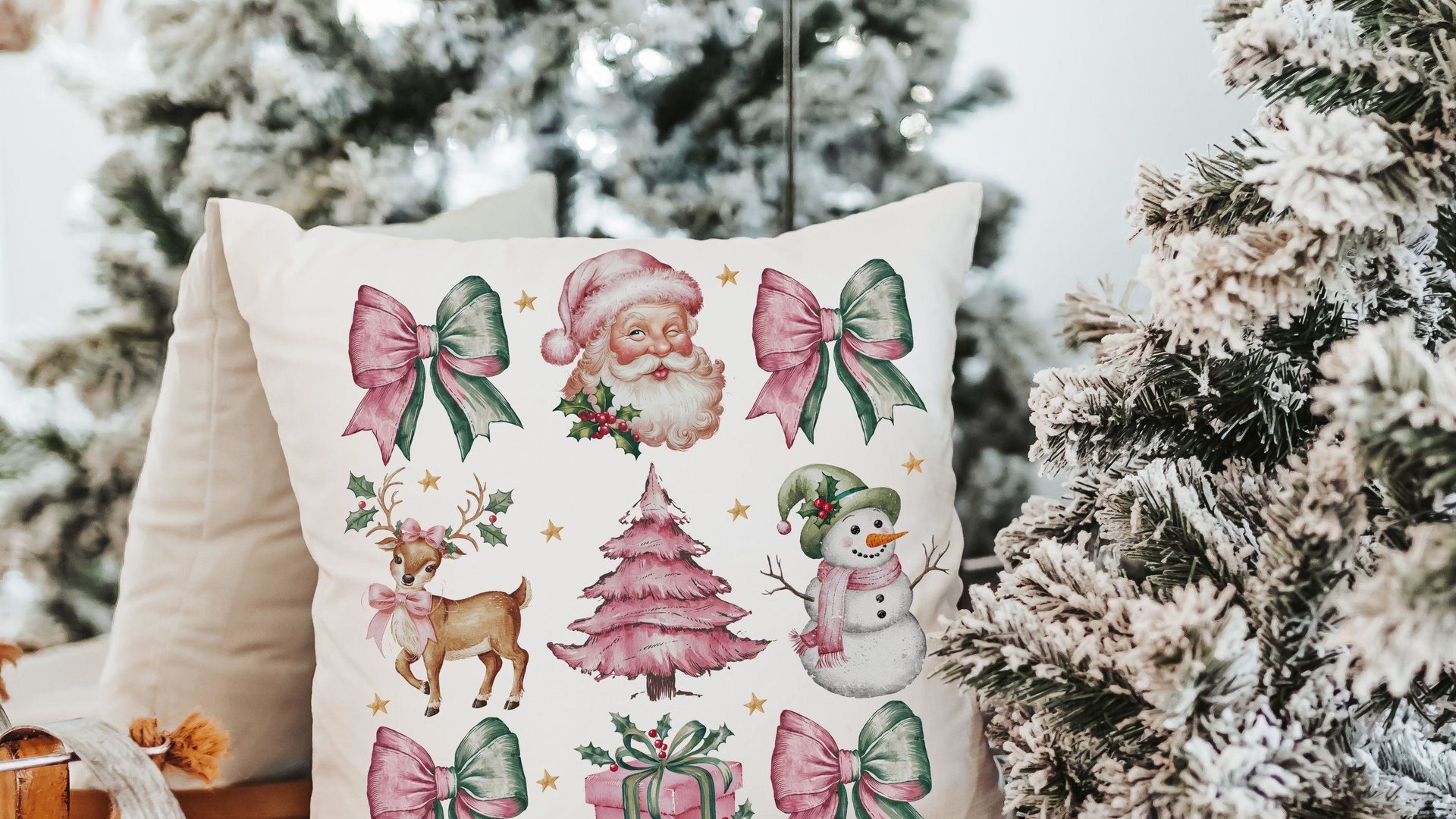 coquette Christmas throw pillows for couch, preppy Christmas kitchen towels for new home, pink reindeer decor, secret Santa gifts for women