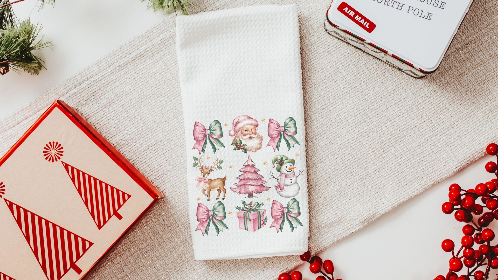 coquette Christmas throw pillows for couch, preppy Christmas kitchen towels for new home, pink reindeer decor, secret Santa gifts for women