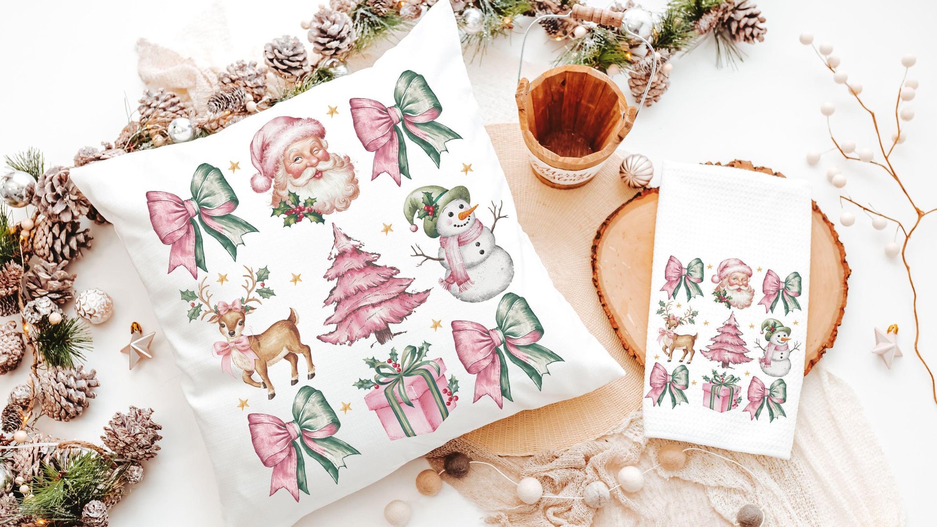 coquette Christmas throw pillows for couch, preppy Christmas kitchen towels for new home, pink reindeer decor, secret Santa gifts for women