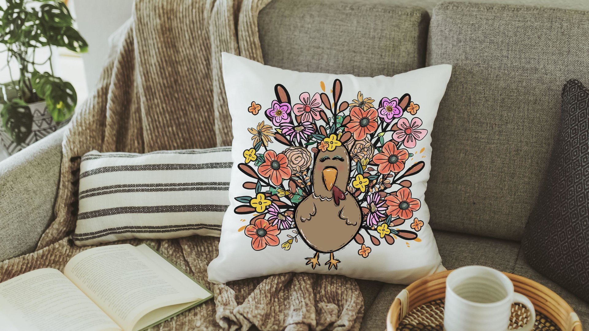 cute turkey throw pillows for fall floral accent pillows for living room, whimsical Thanksgiving decor home decor for family room, girly