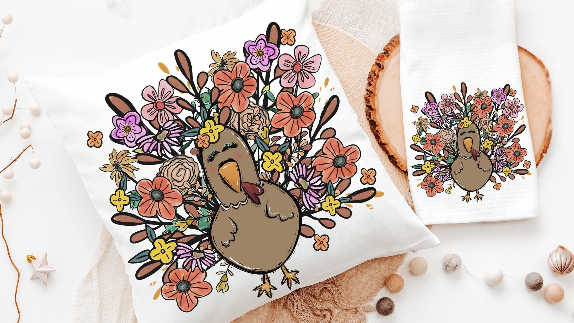cute turkey throw pillows for fall floral accent pillows for living room, whimsical Thanksgiving decor home decor for family room, girly