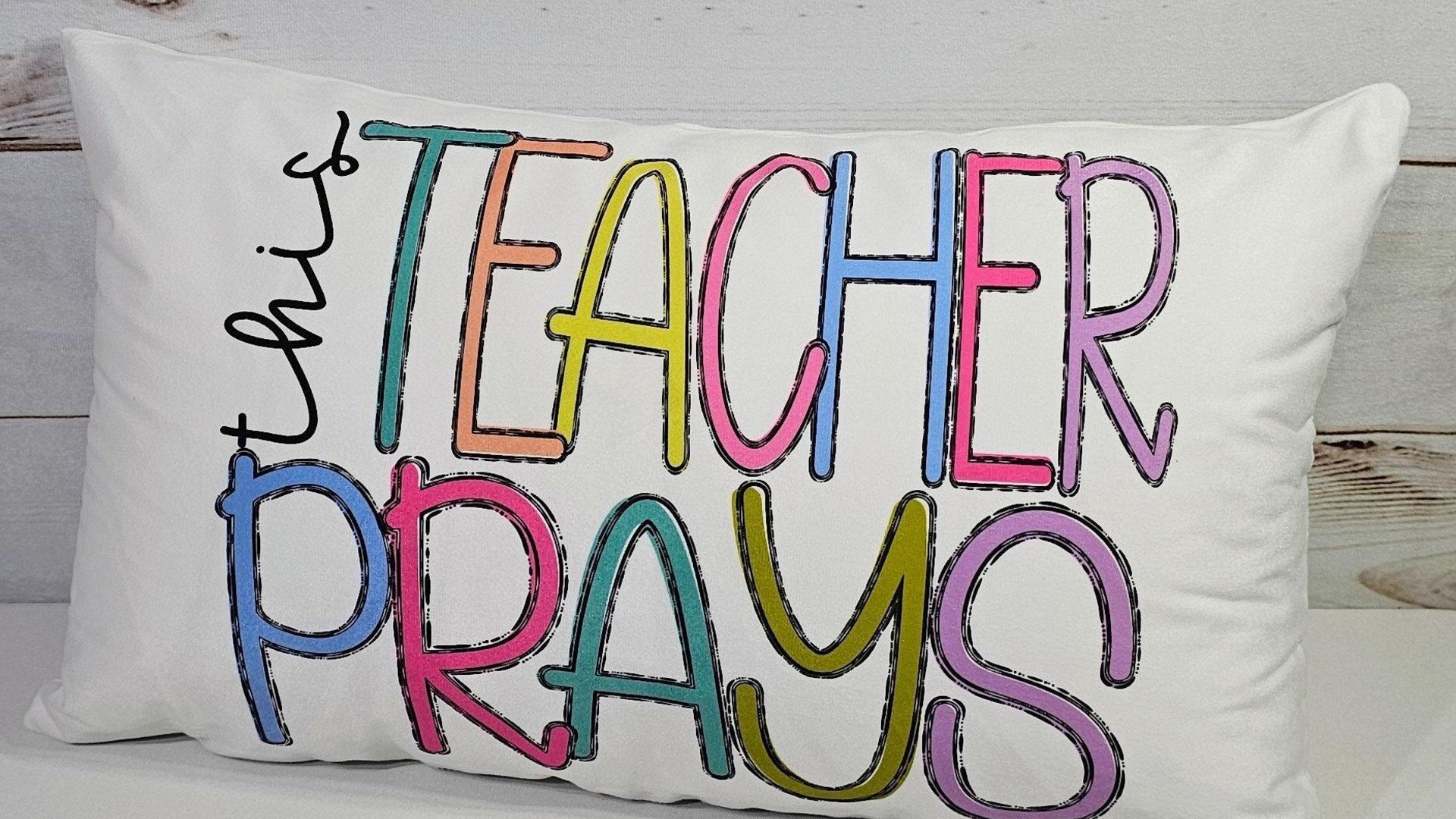 this teacher prays lumbar pillow for chair, Sunday school teacher gifts for women, Christian school teacher classroom decor, prayer pillow