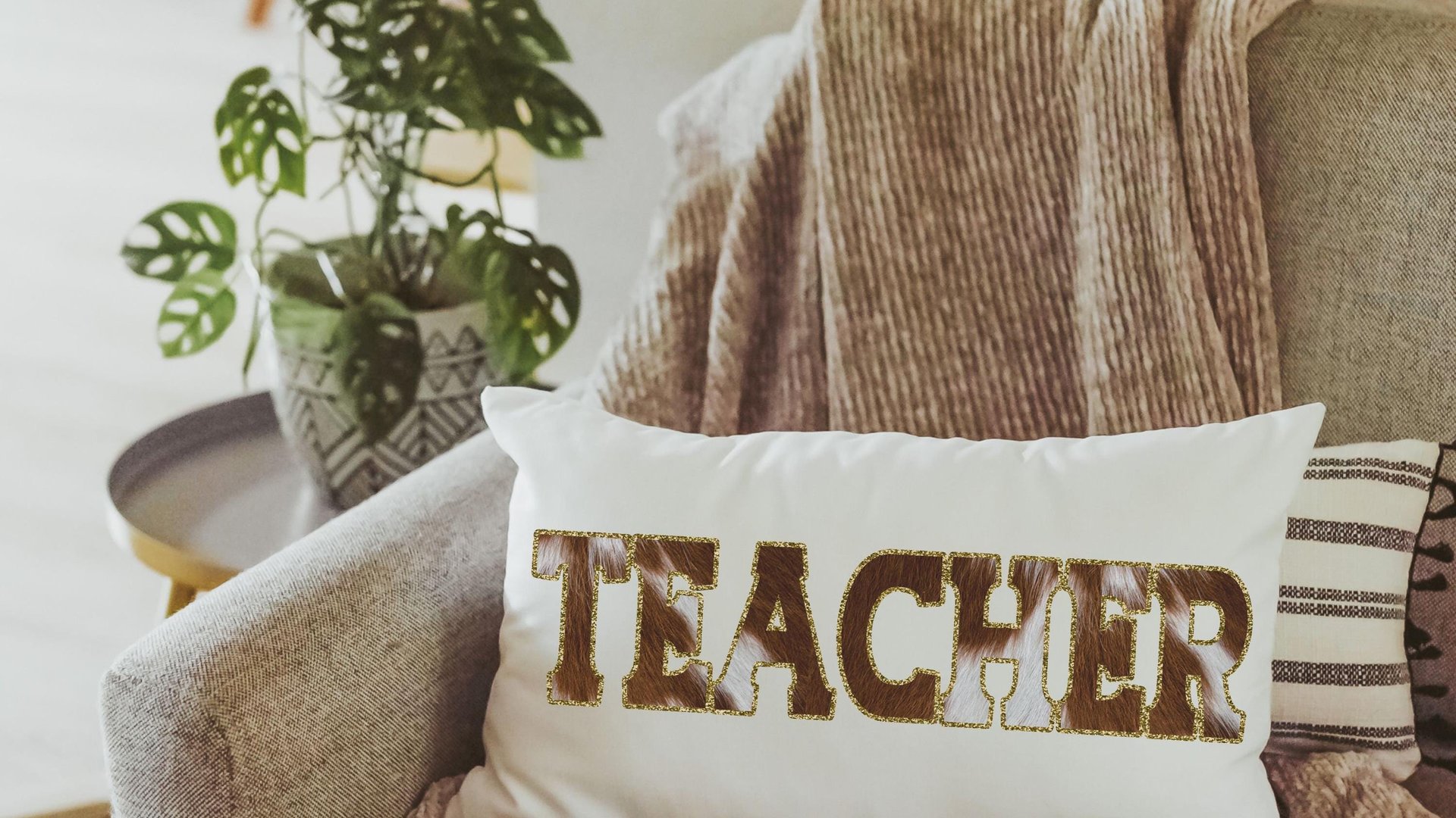 teacher cow print lumbar throw pillow for chair, cowboy classroom decor, western cowhide throw pillow, back to school gifts for teachers