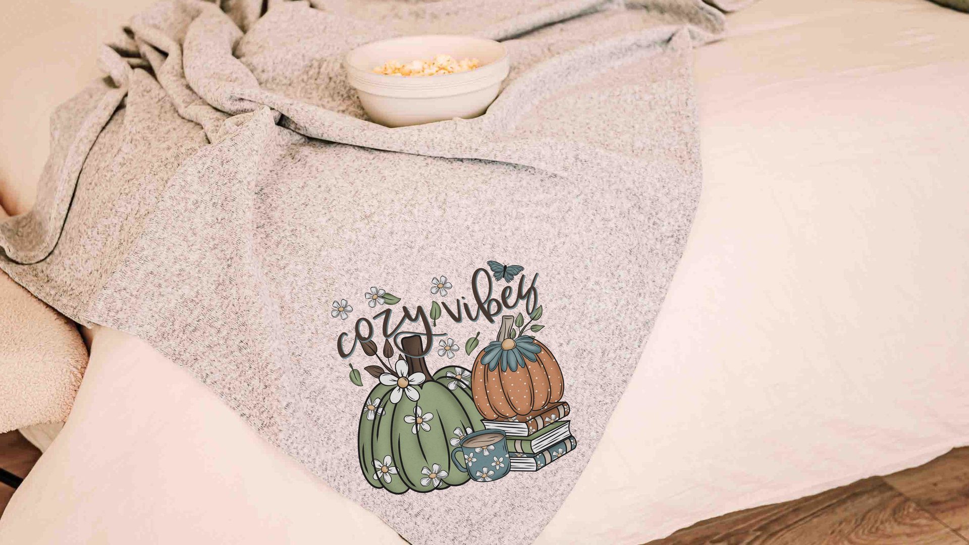 cozy vibes snuggle blanket, cute pumpkin throw blanket for bed, book lover gift for women, cozy gifts for her, fall decor for home, sage