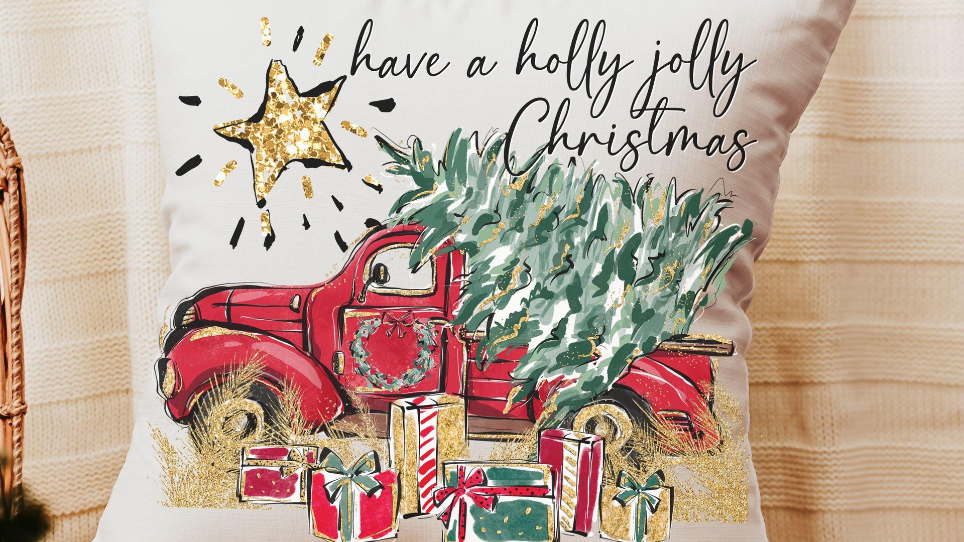 have a holly jolly Christmas throw pillows for couch, red truck Christmas kitchen towels for friends, Christmas gifts for new homeowners