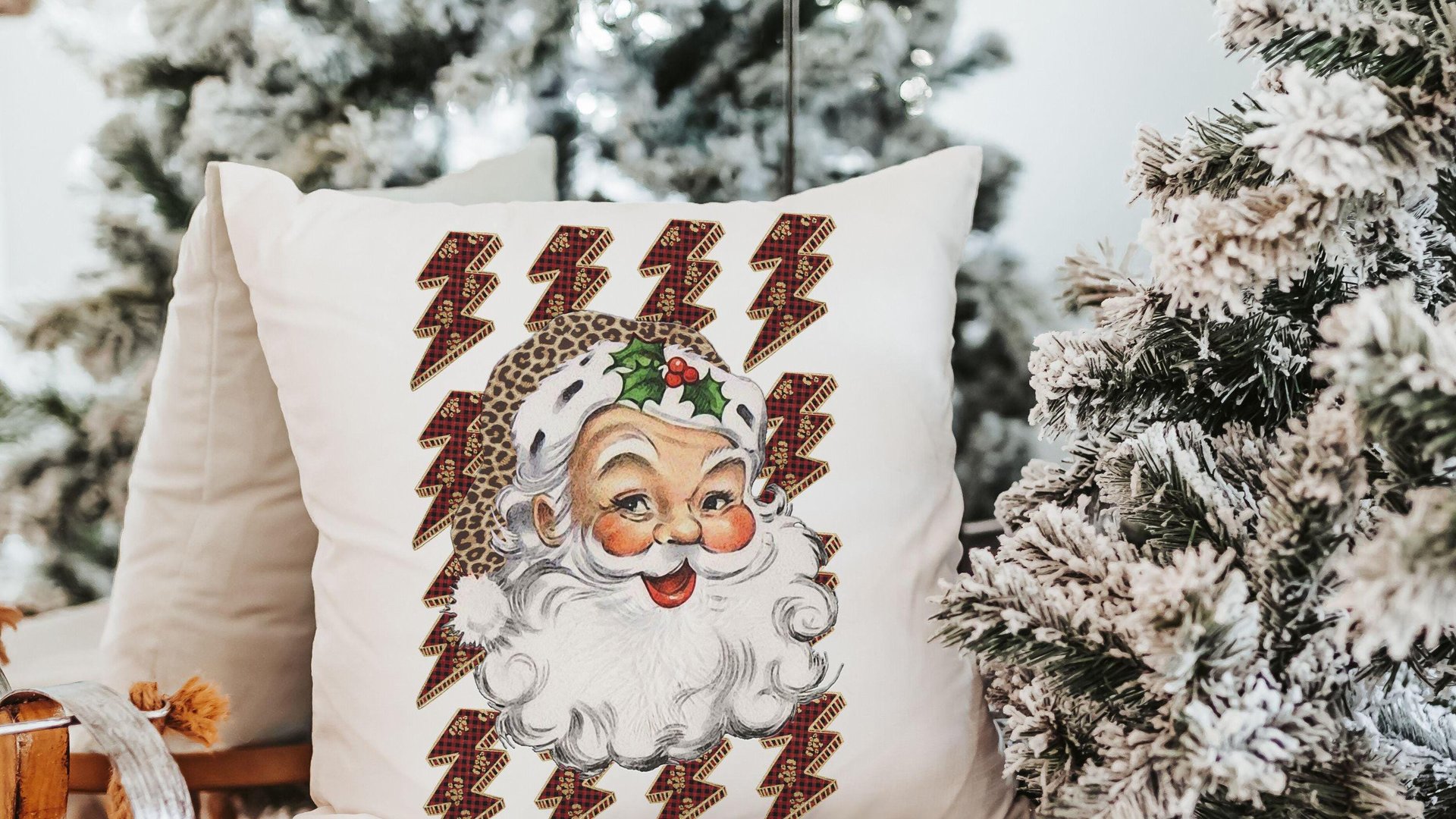 leopard print Santa throw pillow for couch, lightning bolt trendy Christmas kitchen towels for friends, secret Santa gifts for women, funky