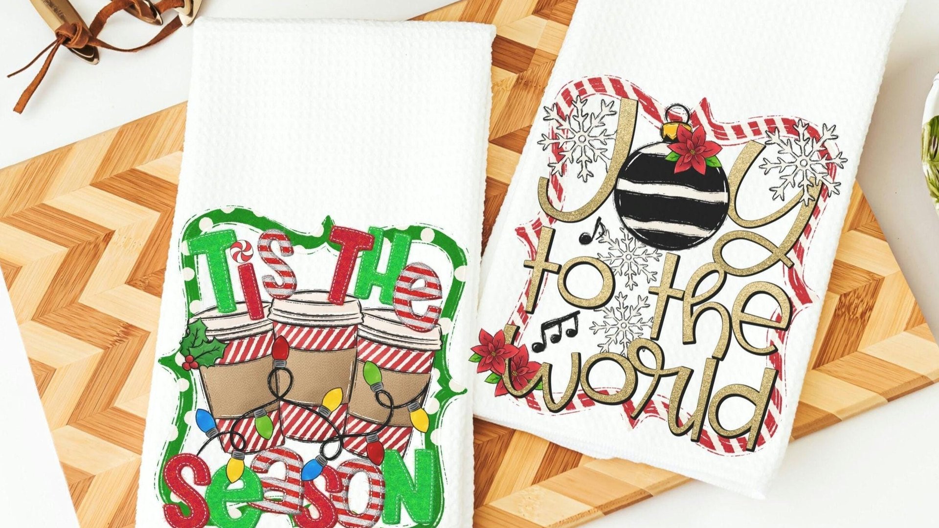 joy to the world Christmas kitchen towels, tis the season Christmas coffee bar decor, Christmas housewarming gift, Christmas hostess gift