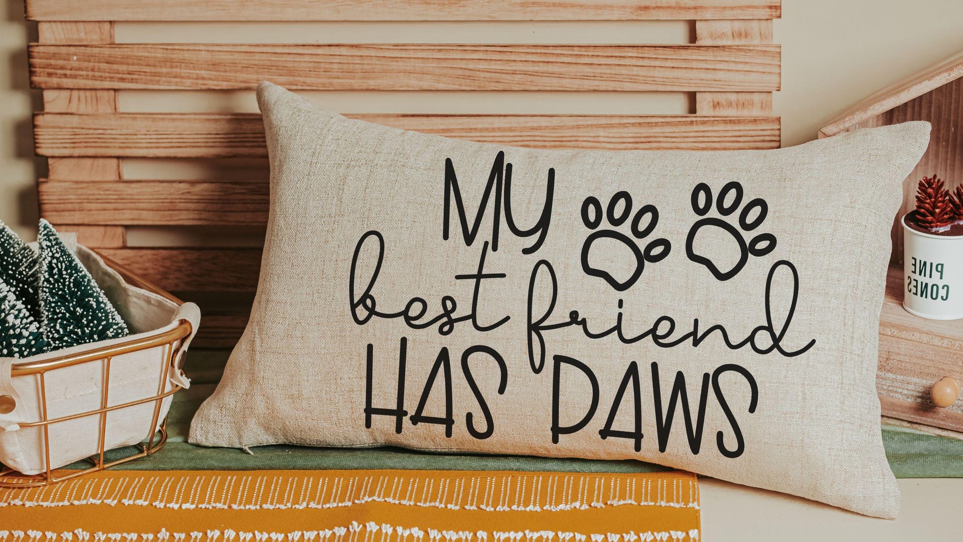 my best friend has paws dog throw pillow for sofa, dog lover gift for women, dog decor for home, dog mom gift, funny lumbar pillow for couch