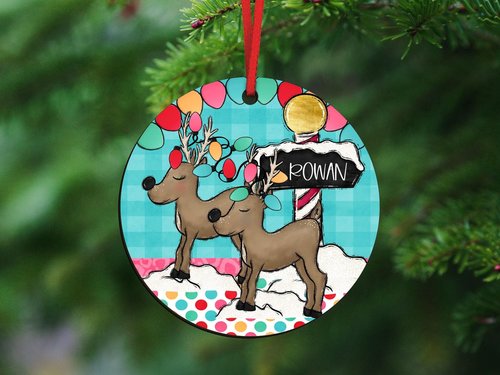 Personalized Reindeer Christmas Ornament and Stocking Tag