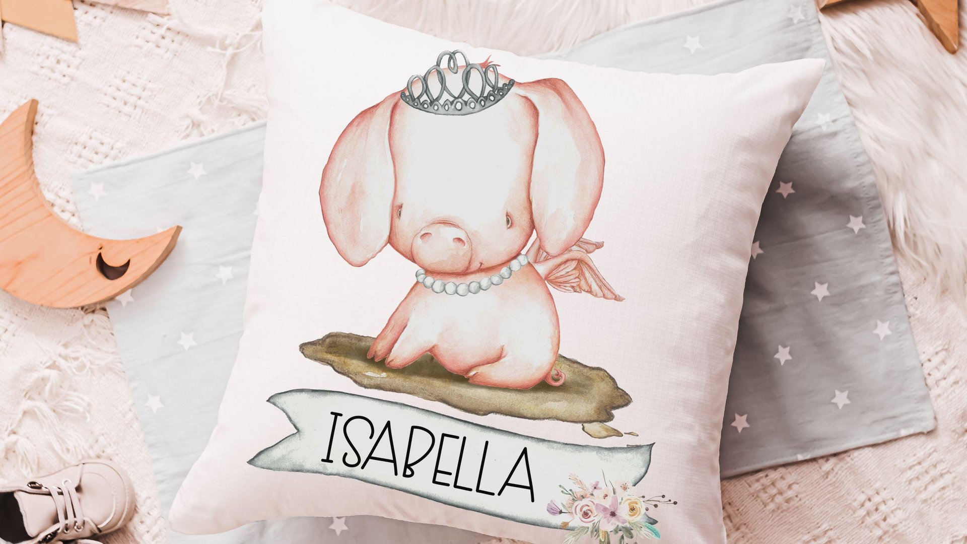 pig princess throw pillows personalized reading nook pillow covers 18 x 18, farm nursery decor girl, cute pig gifts for little girls, name