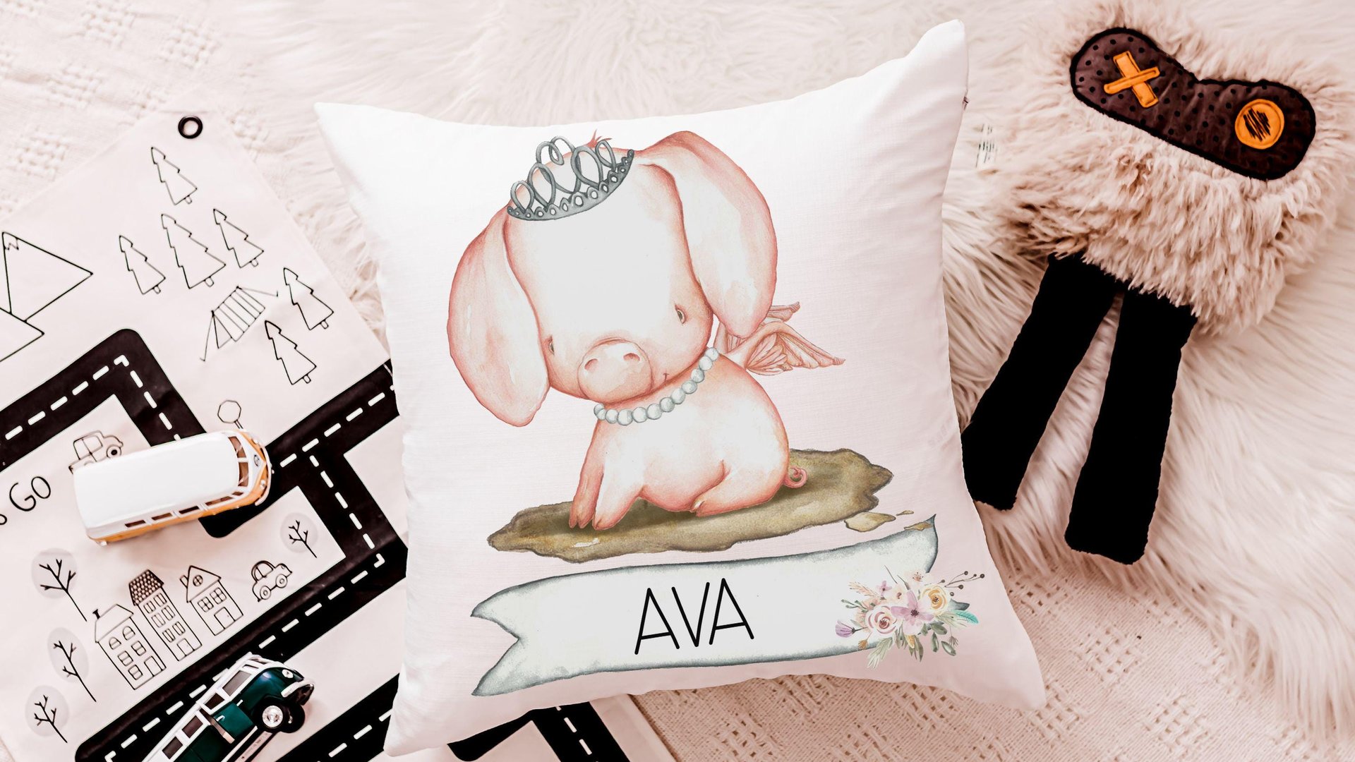 pig princess throw pillows personalized reading nook pillow covers 18 x 18, farm nursery decor girl, cute pig gifts for little girls, name