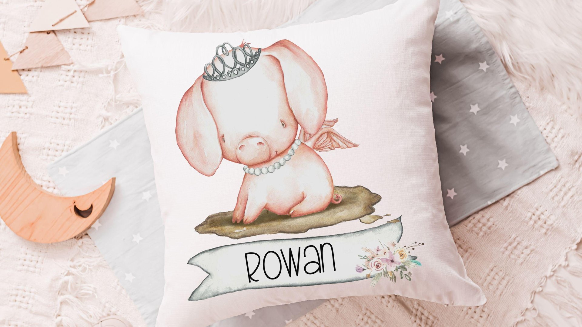 pig princess throw pillows personalized reading nook pillow covers 18 x 18, farm nursery decor girl, cute pig gifts for little girls, name