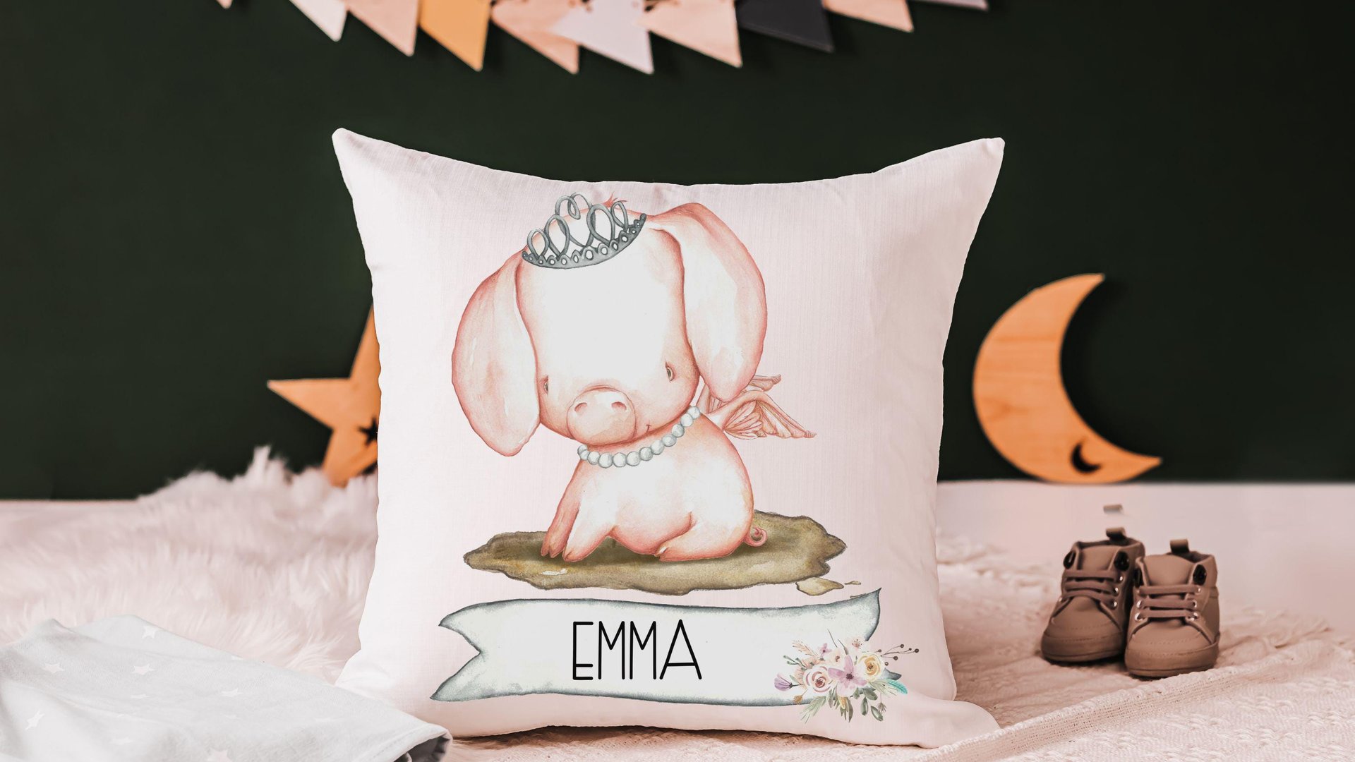 pig princess throw pillows personalized reading nook pillow covers 18 x 18, farm nursery decor girl, cute pig gifts for little girls, name