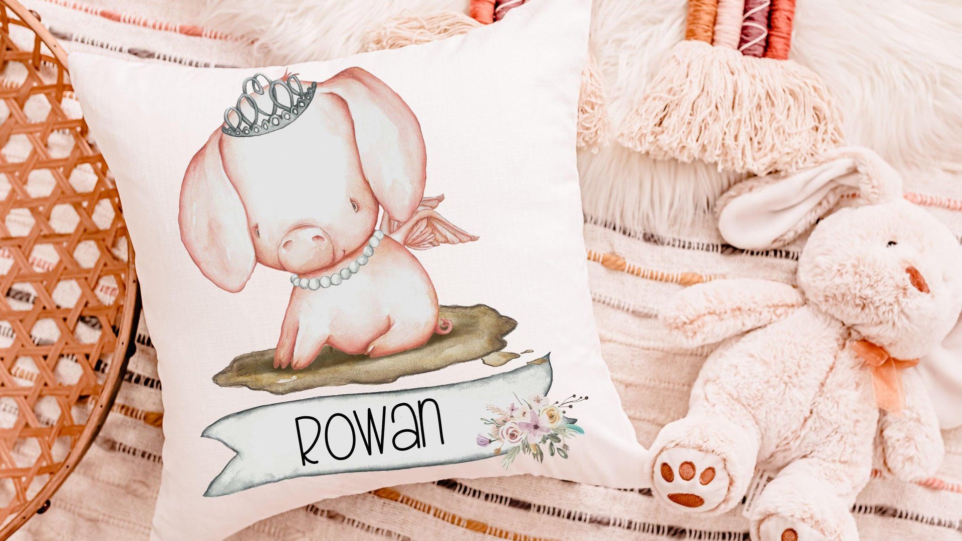 pig princess throw pillows personalized reading nook pillow covers 18 x 18, farm nursery decor girl, cute pig gifts for little girls, name