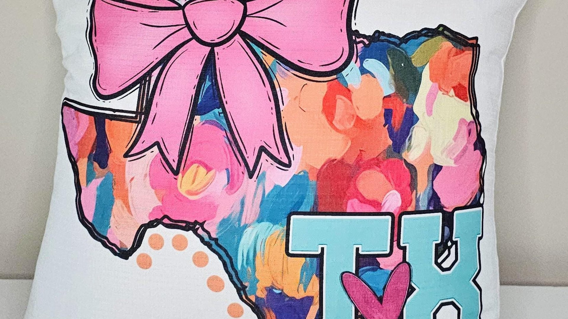 watercolor Texas throw pillow for bed cute Texas coquette kitchen towels for gift, floral Texas gifts for her, pink bow pillow cover 18 x 18