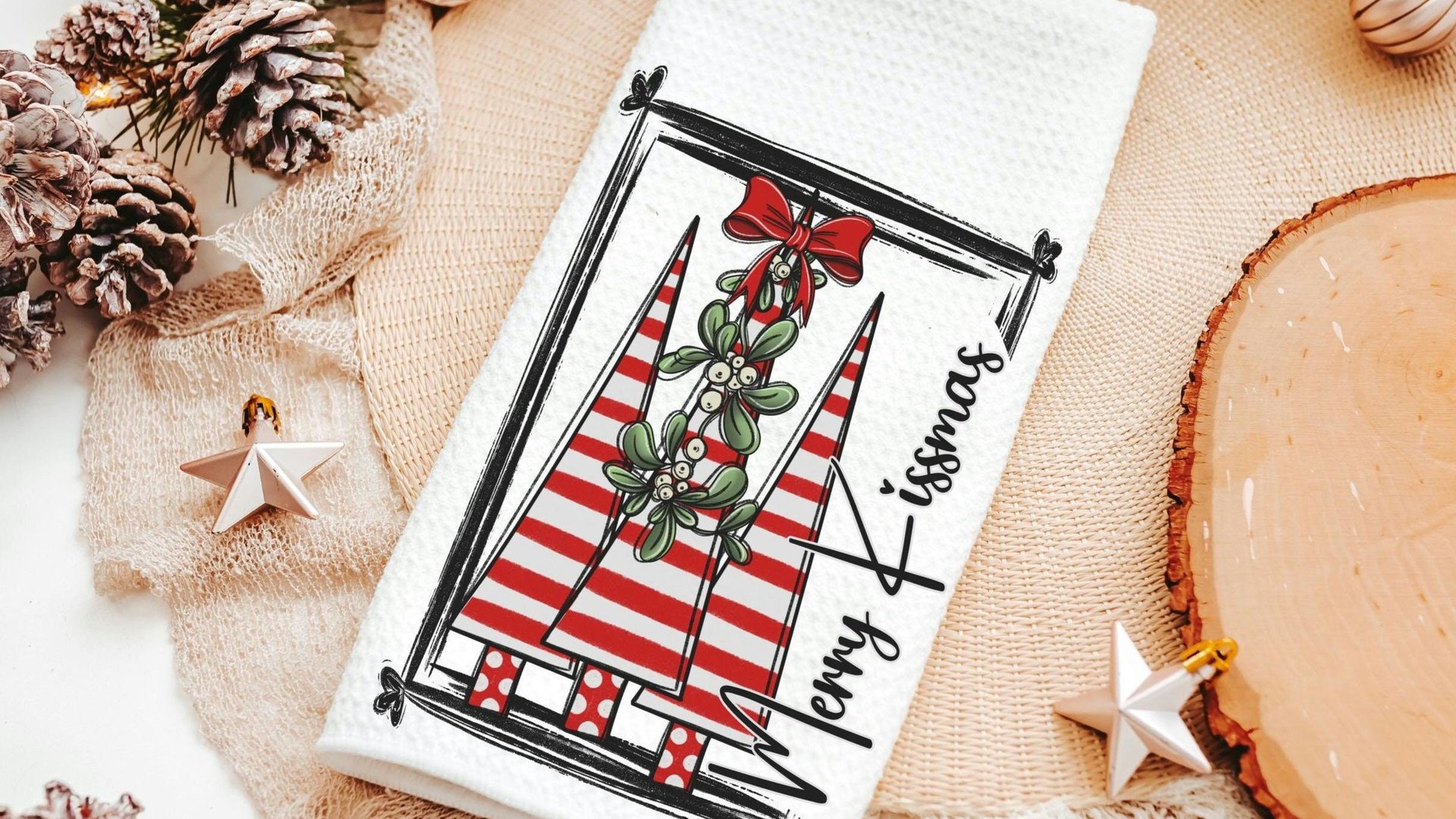 merry kissmas Christmas kitchen towels, cute Christmas housewarming gifts for couple, candy cane Christmas tree Christmas kitchen hand towel