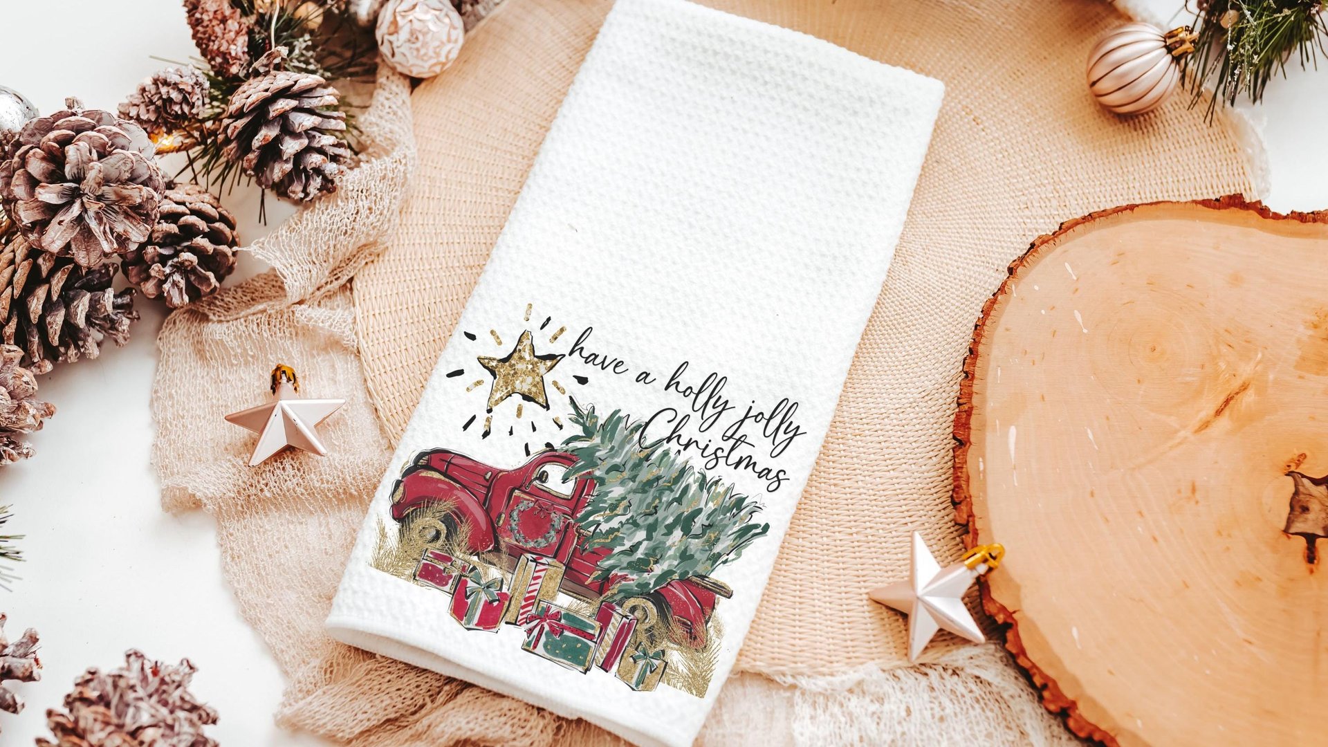 have a holly jolly Christmas throw pillows for couch, red truck Christmas kitchen towels for friends, Christmas gifts for new homeowners