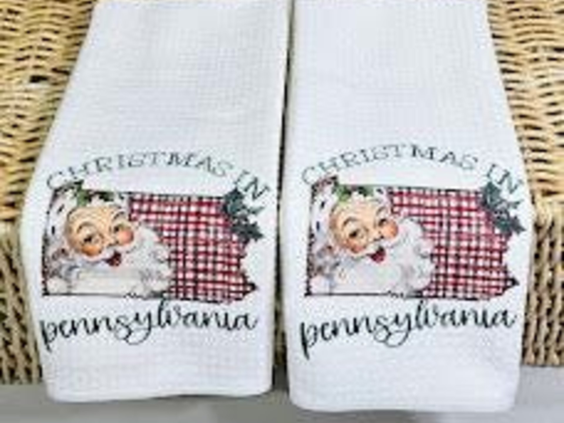 Santa Claus throw pillows for guest room, Pennsylvania Christmas gifts for neighbors, cute Christmas kitchen towel holiday hosting decor