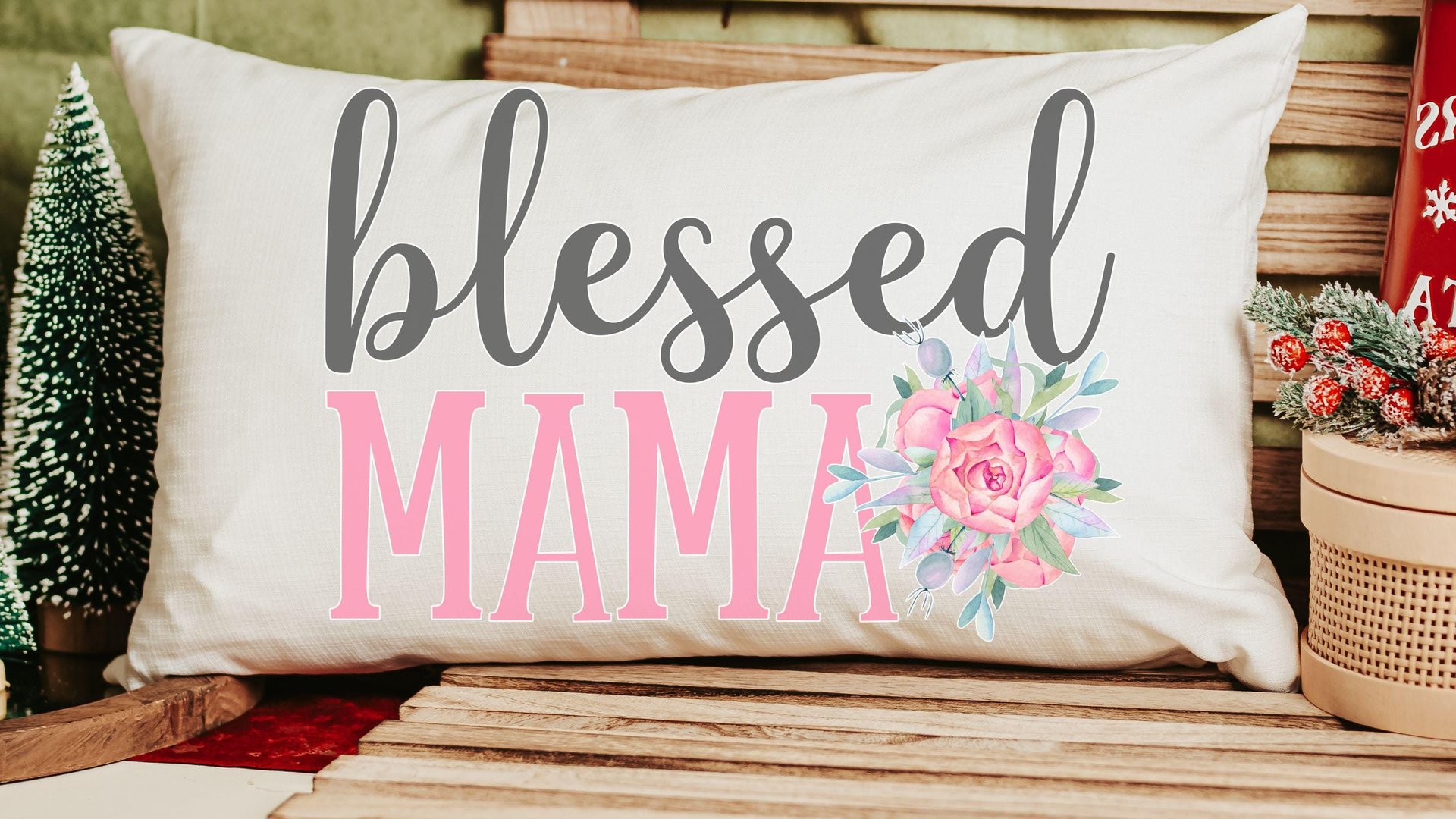 blessed mama throw pillows for bench, blush pink floral lumbar decorative pillows for bedroom, Christian mom gifts for new mom, faith gifts