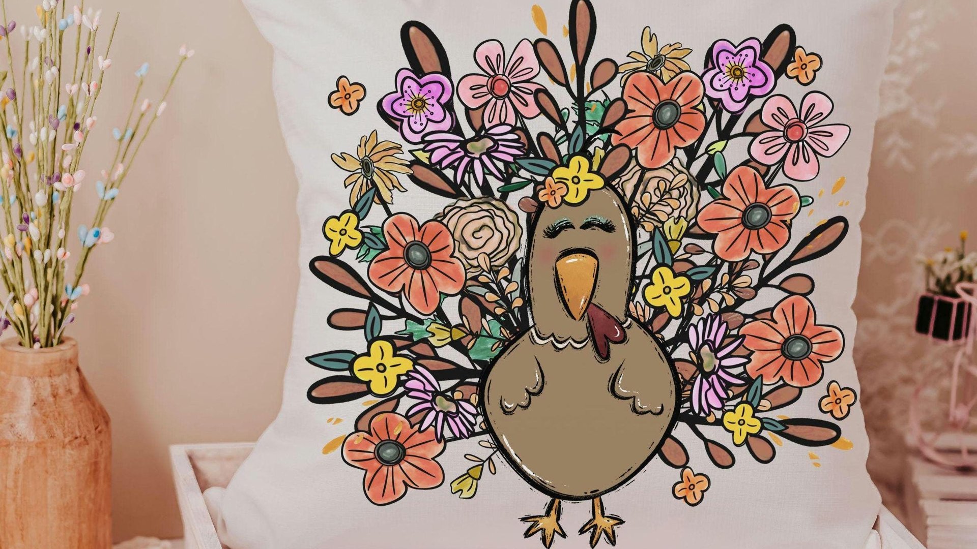 cute turkey throw pillows for fall floral accent pillows for living room, whimsical Thanksgiving decor home decor for family room, girly