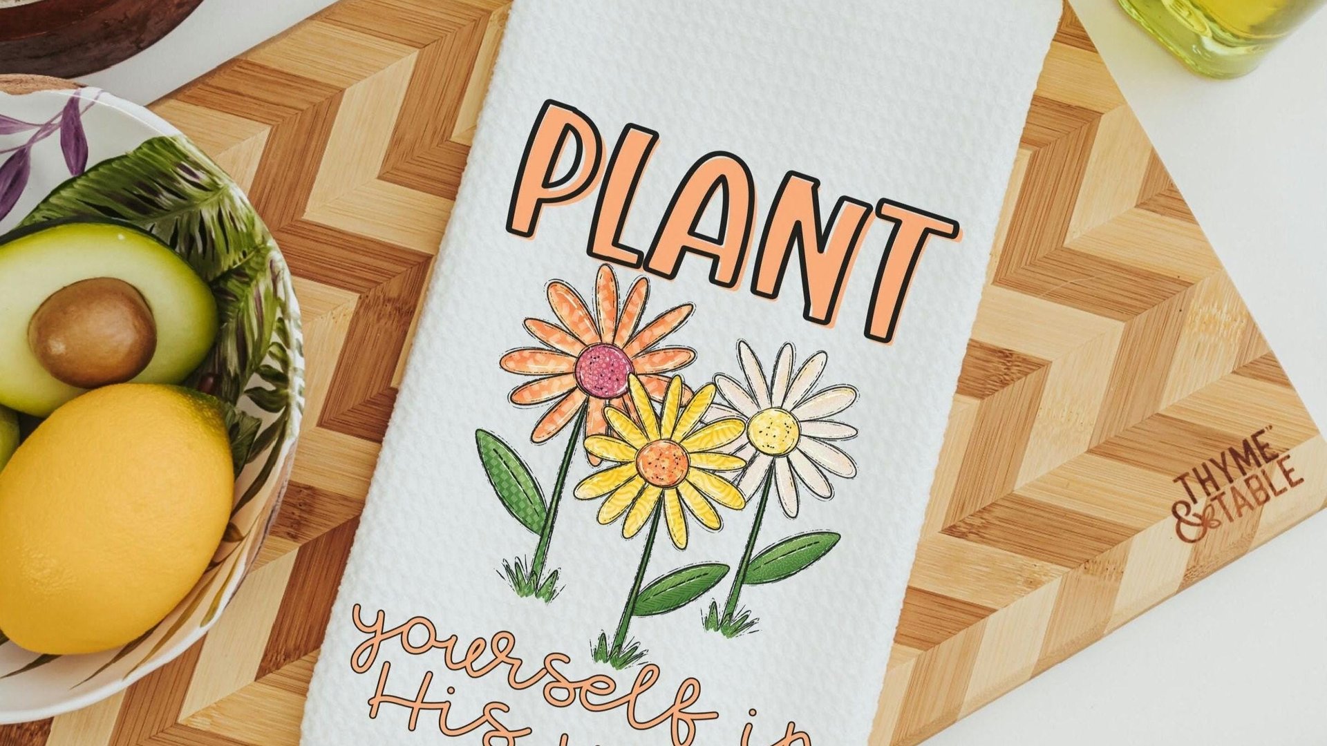 plant yourself in His word colorful daisy kitchen towel for friends, daisy gifts for women, Christian kitchen decor for Mom, adult baptism
