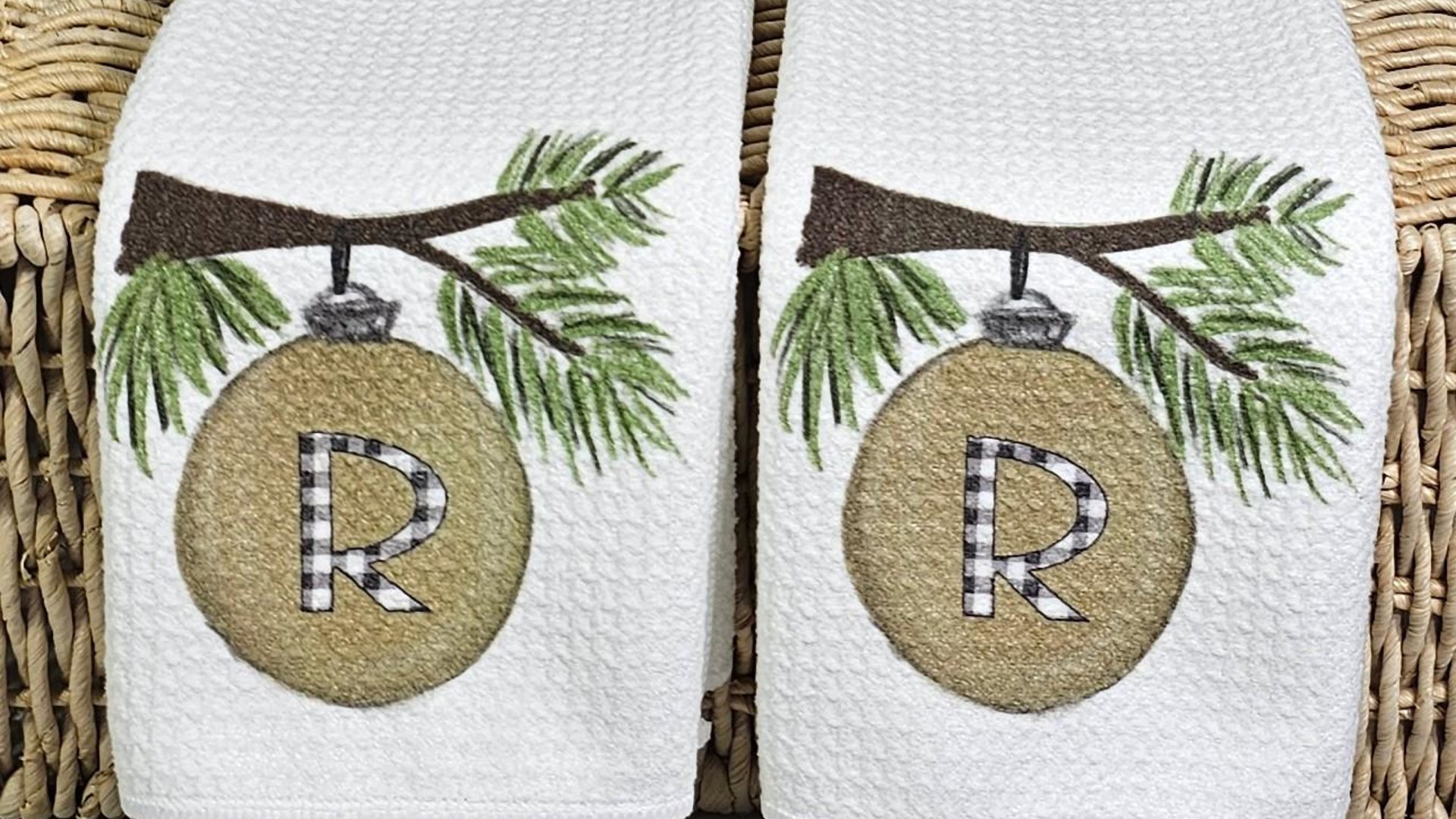 personalized initial hand towel for bathroom, custom farmhouse Christmas kitchen towels for couple, sage green Christmas kitchen decor, best