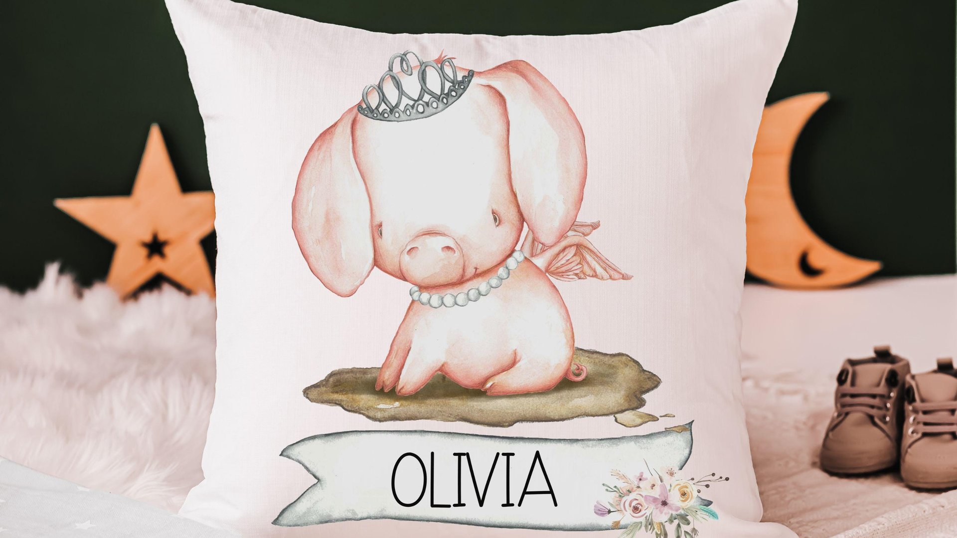 pig princess throw pillows personalized reading nook pillow covers 18 x 18, farm nursery decor girl, cute pig gifts for little girls, name