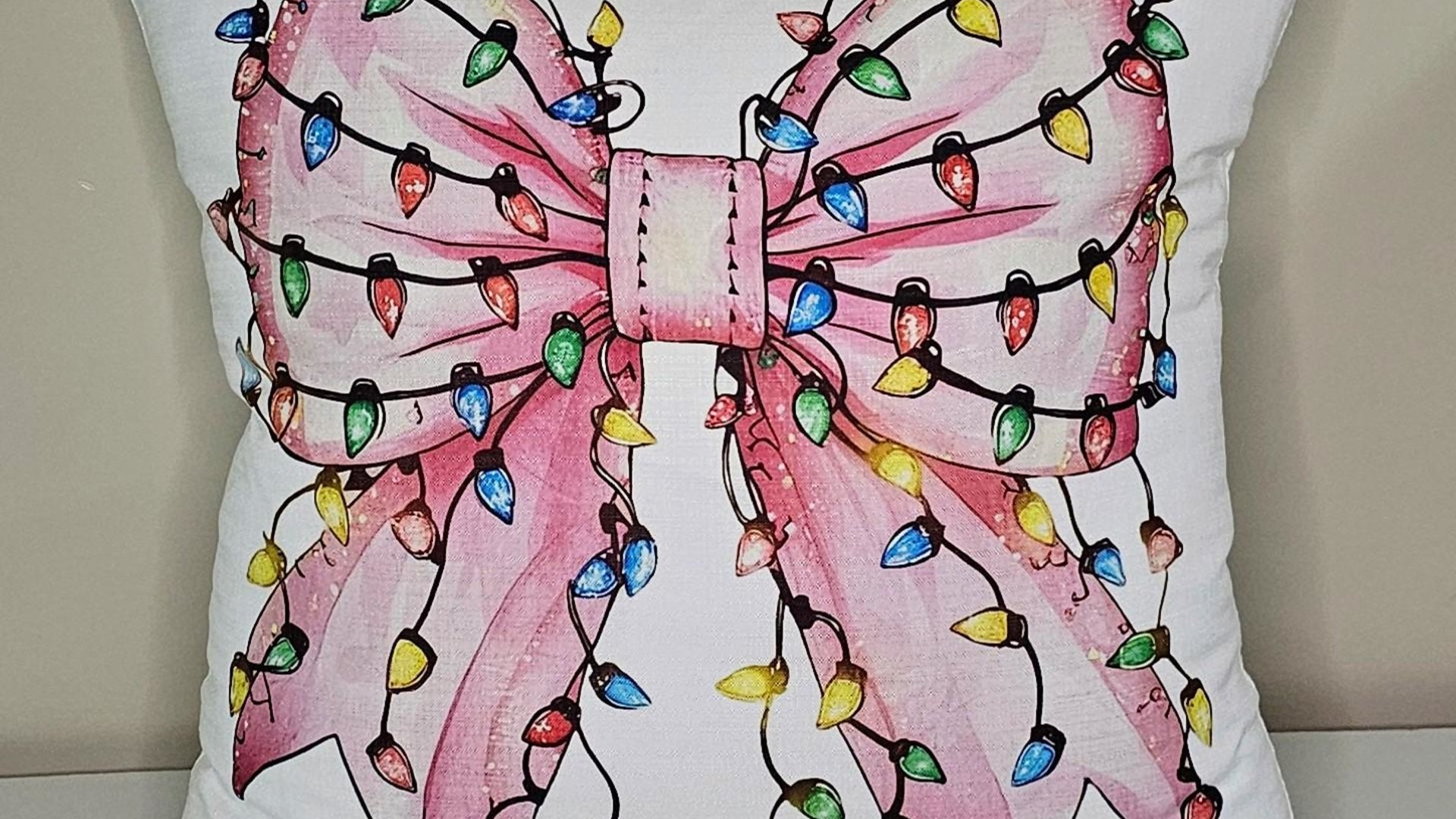 bow Christmas lights cute Christmas throw pillows for couch, coquette Christmas kitchen towels for friends, pink Christmas decor for home