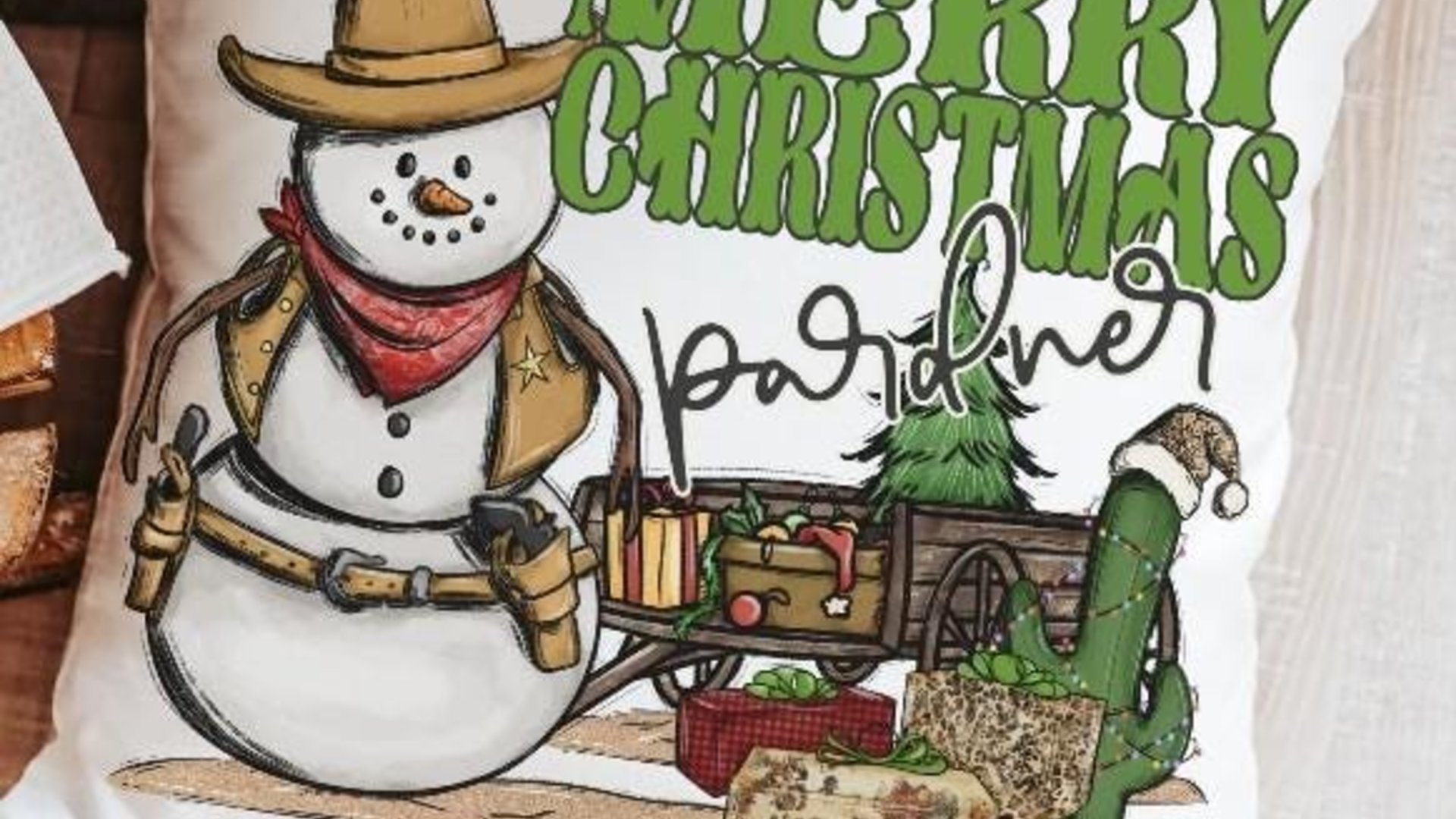 wild west cowboy snowman cute Christmas throw pillows for sofa, country western Christmas decor, cactus Christmas kitchen towel, funny