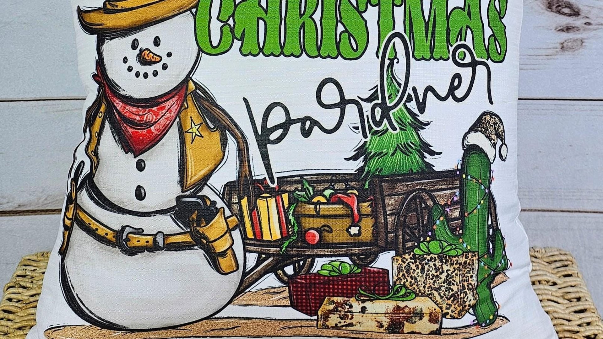 wild west cowboy snowman cute Christmas throw pillows for sofa, country western Christmas decor, cactus Christmas kitchen towel, funny