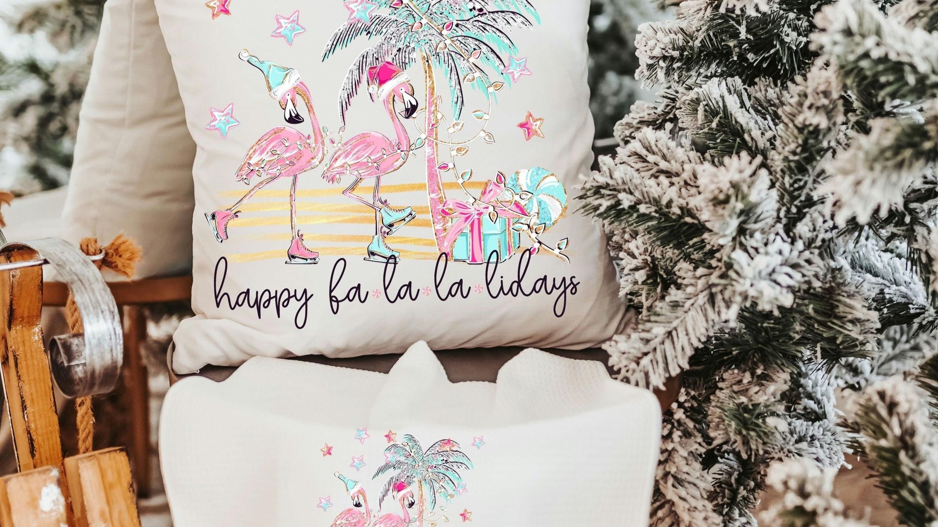 funny flamingo Christmas throw pillows for couch, beach Christmas decor for home, coastal Christmas pillow covers 18 x 18, cute Christmas