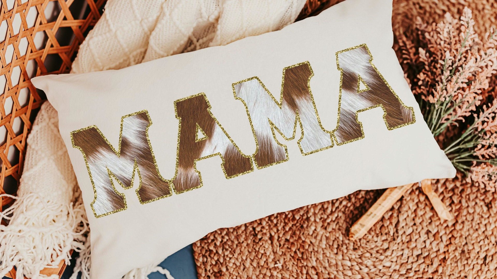 mama throw pillow for bed, cowhide lumbar pillow for chair, western decor for bedroom, cowboy baby shower gifts for mom to be, cow gifts for