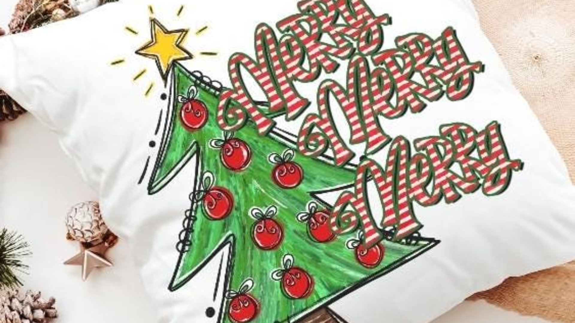 merry merry merry Christmas throw pillows for sofa, cute Christmas tree Christmas kitchen towels, fun Christmas hostess gifts for women