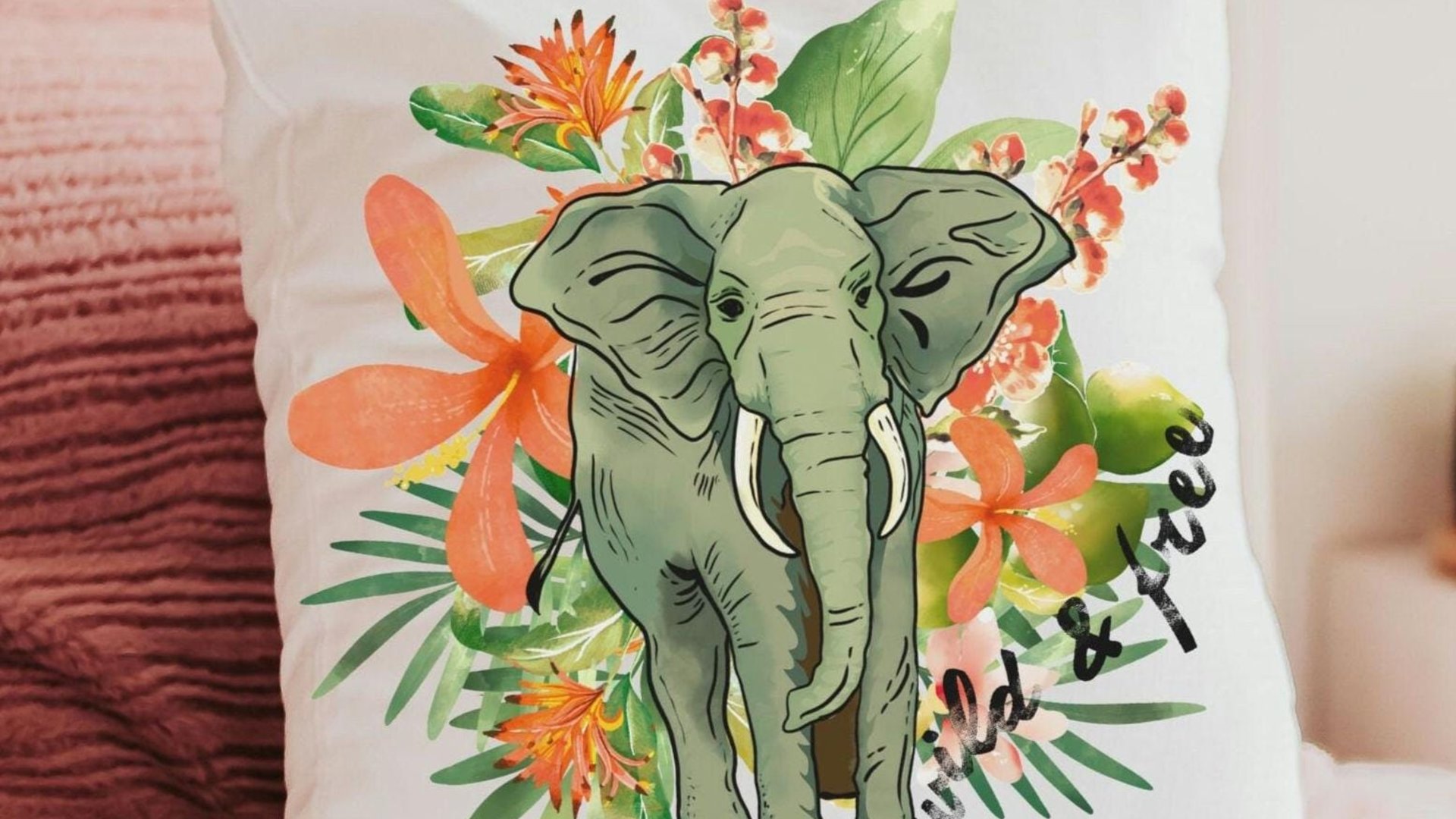 wild and free elephant throw pillow for couch, plant mom gift, tropical decor for home, elephant gifts for women, jungle nursery decor for