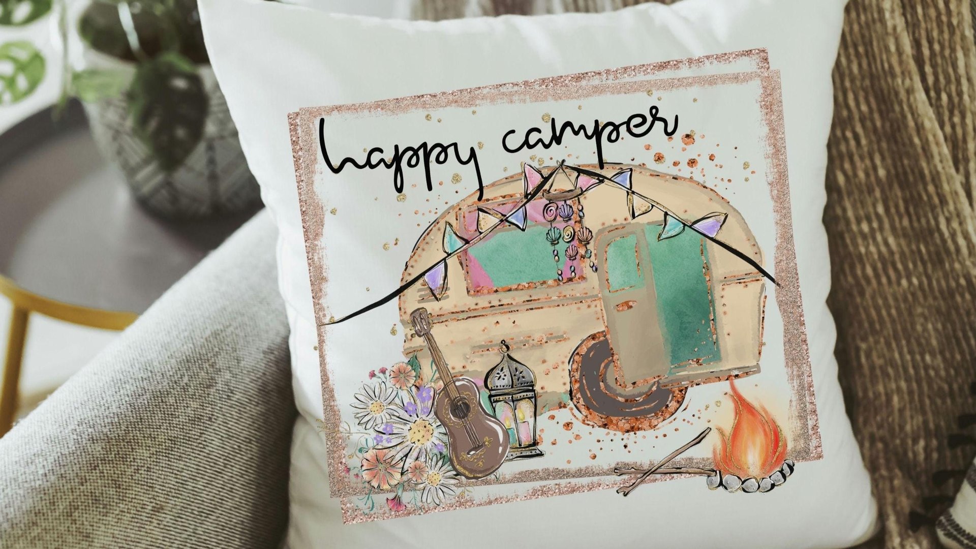 happy camper throw pillow for couch,  boho camper decor, glamping gifts, boho decor for home, RV accessories for inside, van life gift, best