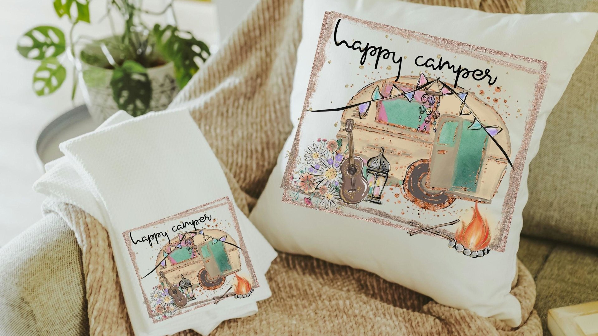 happy camper throw pillow for couch,  boho camper decor, glamping gifts, boho decor for home, RV accessories for inside, van life gift, best