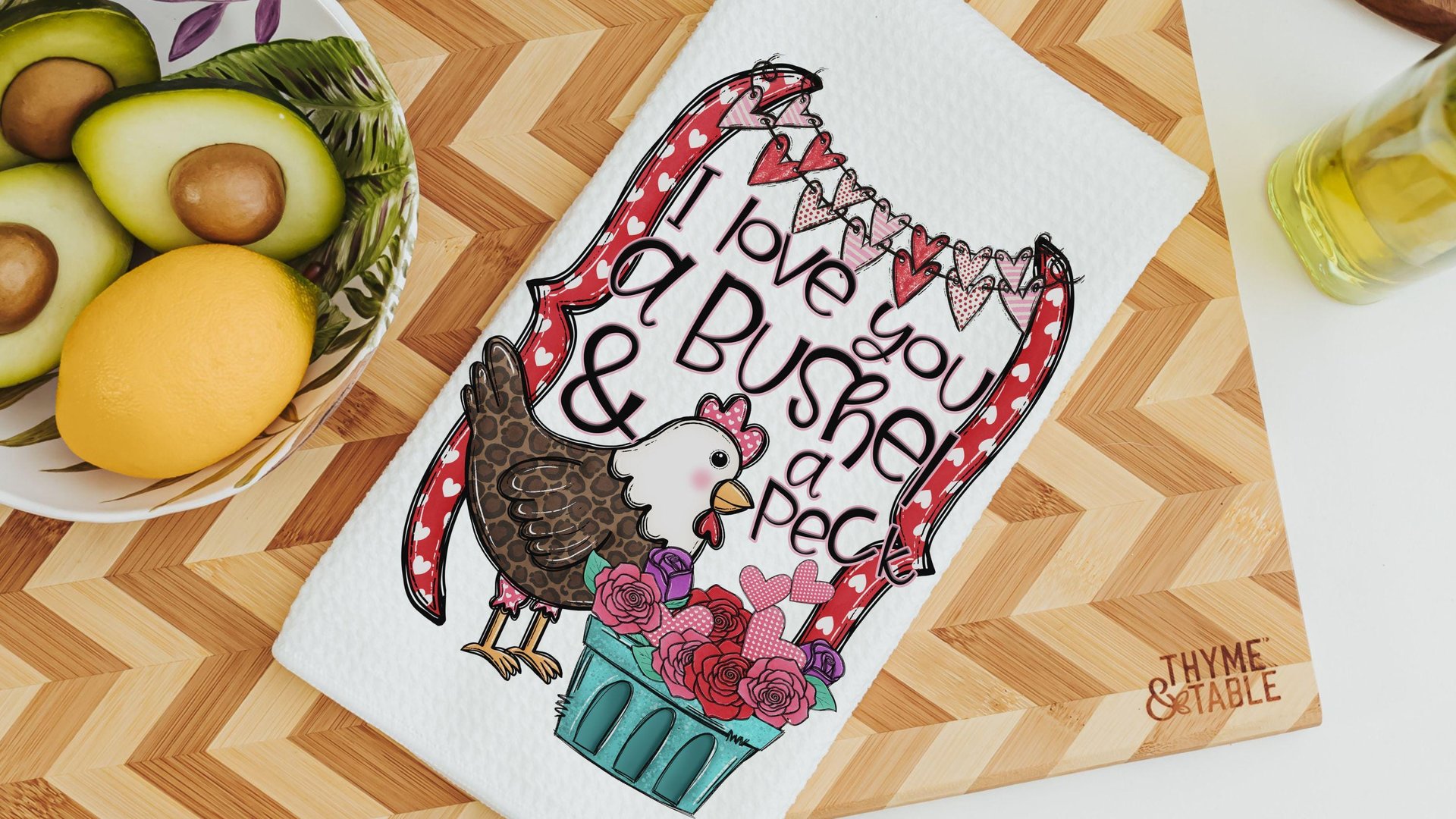 I love you a bushel and a peck Valentines day kitchen towels, cute Valentines gift for her from mom, Valentines Day chicken hand towels for