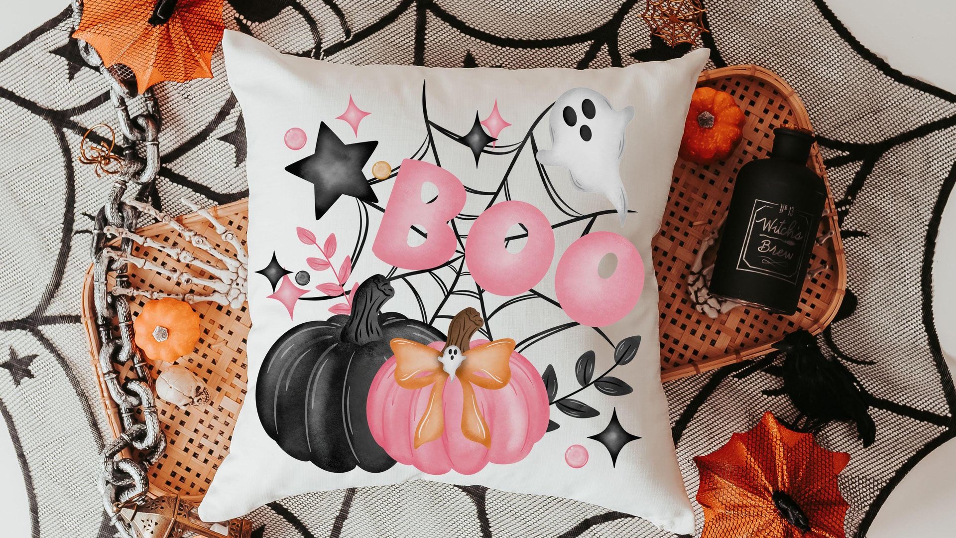 girly goth coquette Halloween throw pillow covers 18 x 18, pink pumpkin kitchen towels, boo basket stuffers for adults, cute Halloween decor