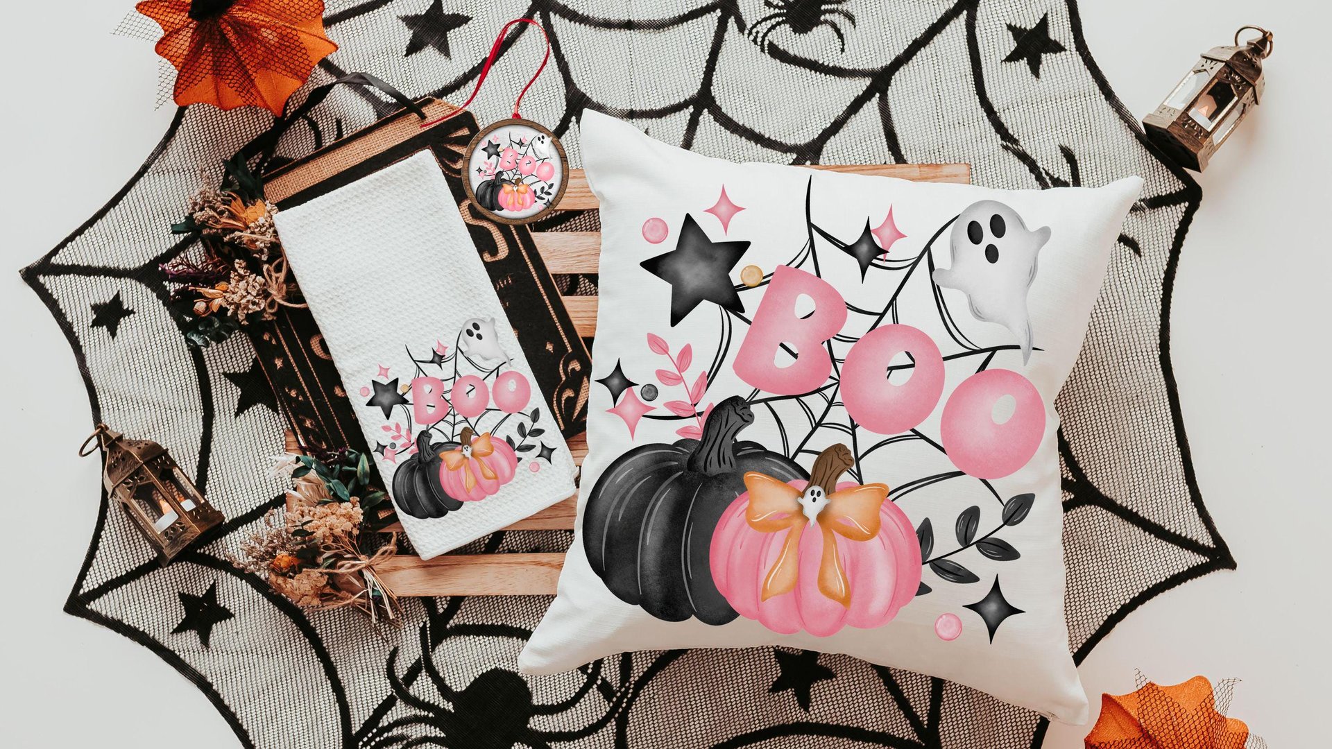 girly goth coquette Halloween throw pillow covers 18 x 18, pink pumpkin kitchen towels, boo basket stuffers for adults, cute Halloween decor
