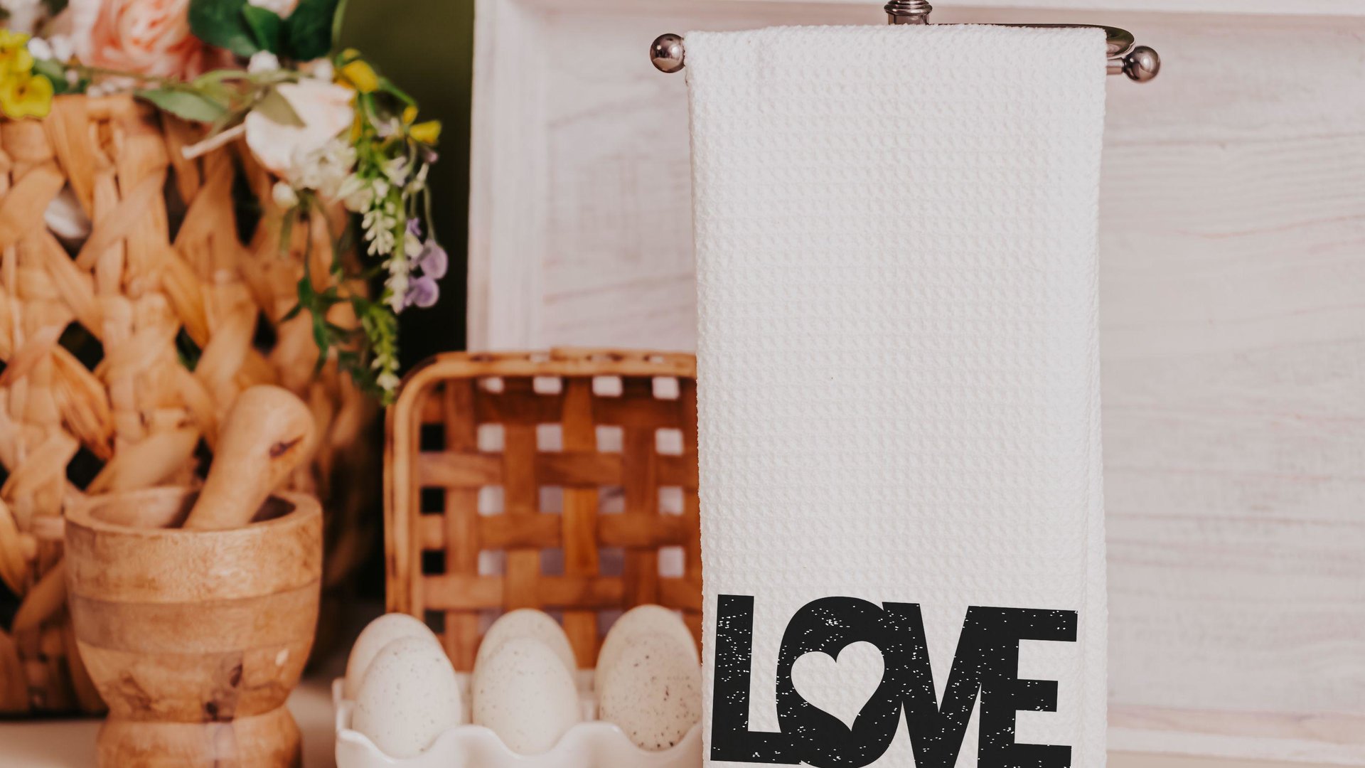 love kitchen towels for new home owners, black and white Valentines kitchen decor for just married couple, romantic gift for wife, moving in