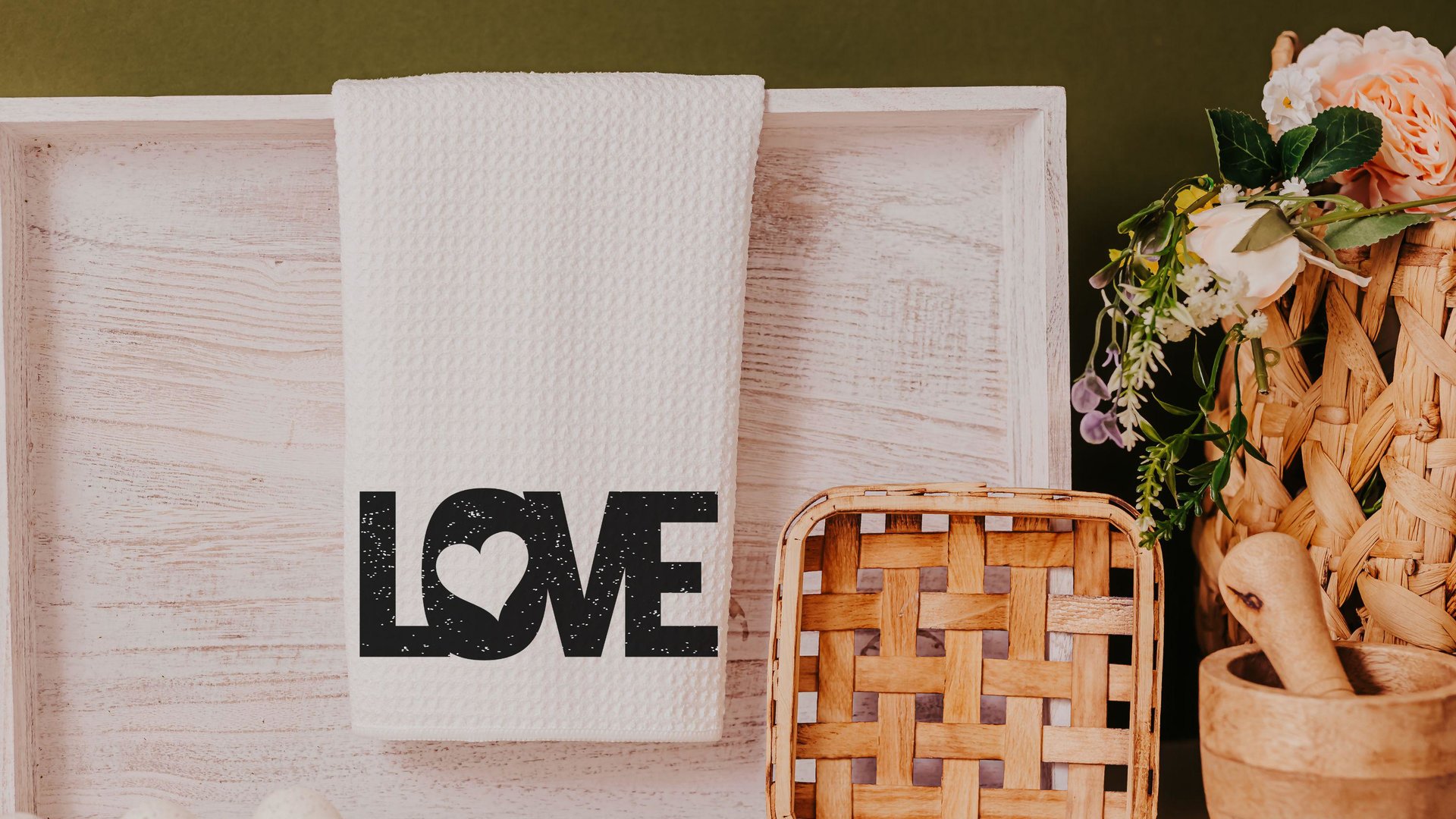 love kitchen towels for new home owners, black and white Valentines kitchen decor for just married couple, romantic gift for wife, moving in