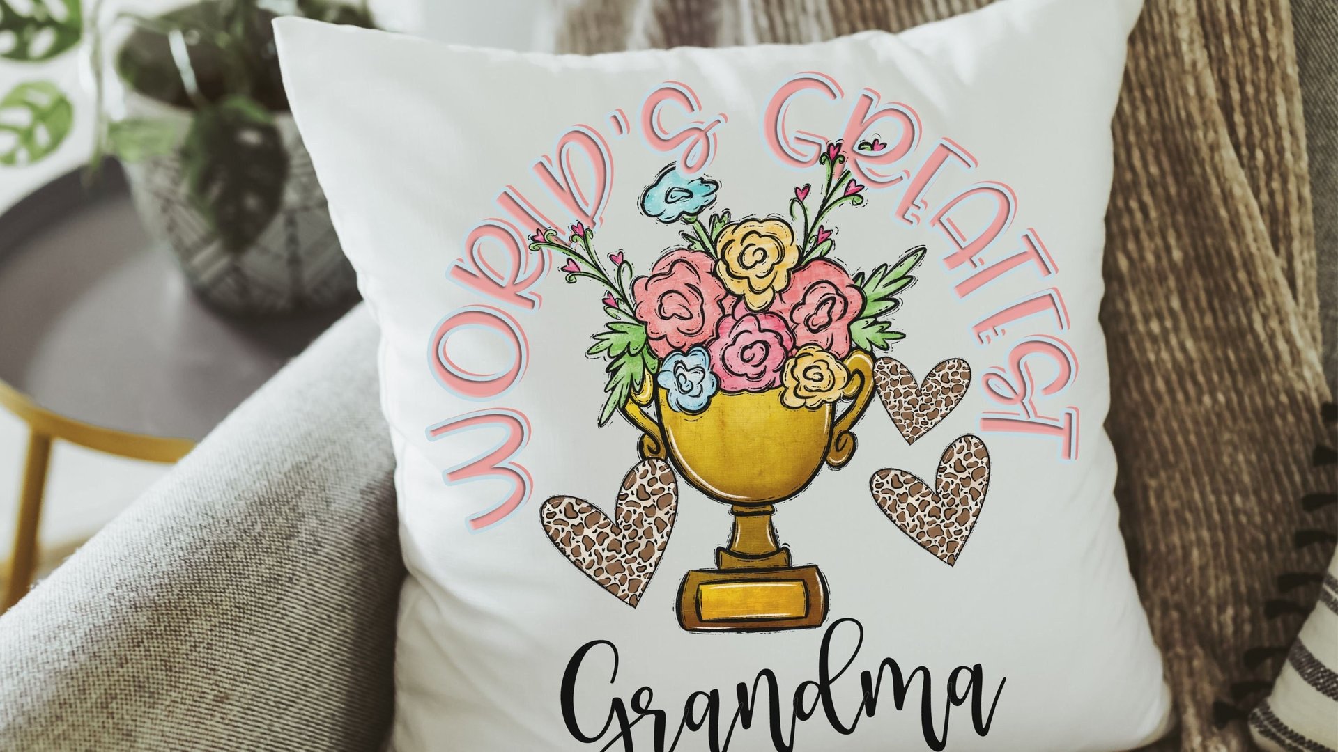 personalized worlds greatest grandma floral throw pillow for Mom, sentimental Mothers day gifts for Nana, Mimi gifts from grandkids, leopard